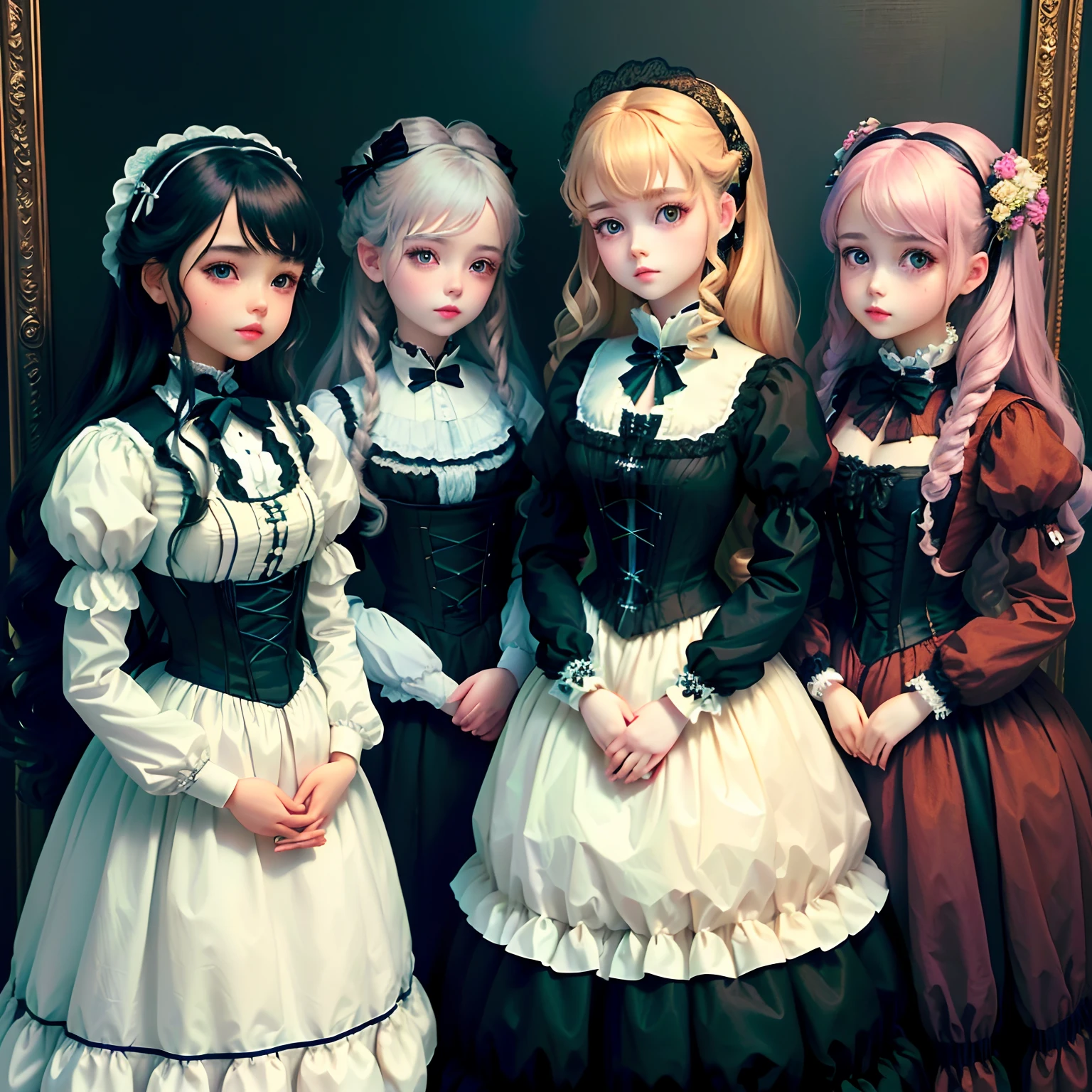 several dolls of different colors are posed in a row, several dolls in one photo, perfect android girl family, ball jointed doll, guweiz masterpiece, plastic doll, artdoll, victorian gothic lolita fashion, dollpunk, fairycore, , fantastic realism, perfect android girl family, women in dresses standing next to each other in a room, ddlc, dollfie dream, luts, skydoll noa, a picture inspired by Tommaso Dolabella, trending on cg society, rococo, ddlc