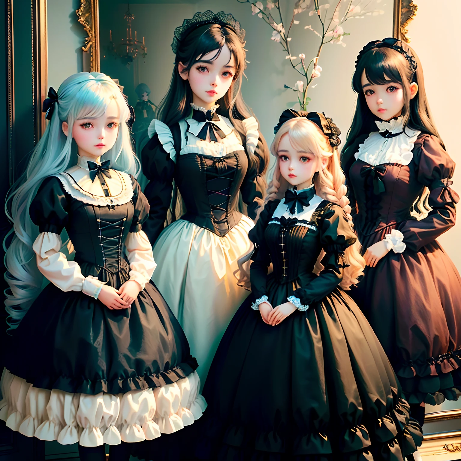 several dolls of different colors are posed in a row, several dolls in one photo, perfect android girl family, ball jointed doll, guweiz masterpiece, plastic doll, artdoll, victorian gothic lolita fashion, dollpunk, fairycore, , fantastic realism, perfect android girl family, women in dresses standing next to each other in a room, ddlc, dollfie dream, luts, skydoll noa, a picture inspired by Tommaso Dolabella, trending on cg society, rococo, ddlc