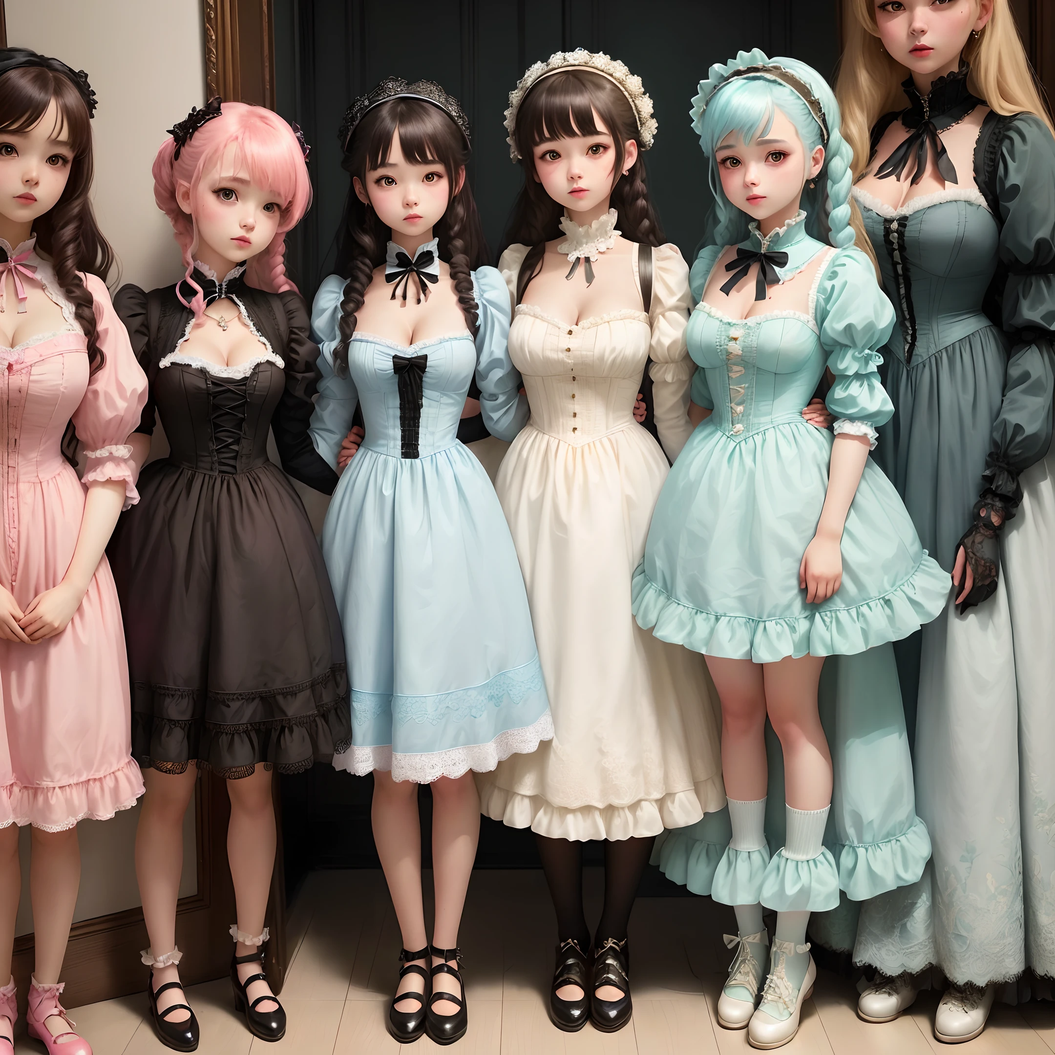 several dolls of different colors are posed in a row, several dolls in one photo, perfect android girl family, ball jointed doll, plastic doll, artdoll, victorian gothic lolita fashion, dollpunk, fairycore, fantastic realism, perfect android girl family, women in dresses standing next to each other in a room, ddlc, dollfie dream, luts, skydoll noa, trending on cg society, rococo, ddlc, (((short dresses))), (((cleavage)))
