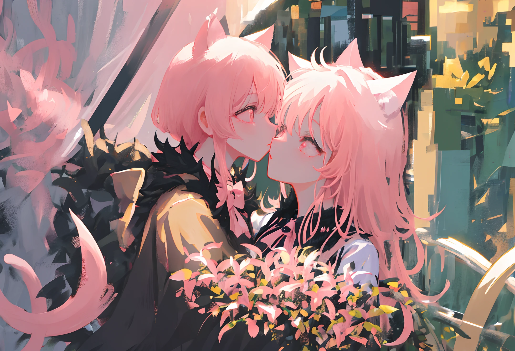 (best illustration, masterpiece) high resolution, close-up, soft skin,
[(cat ears, black fur, pink inside:1.2), (kiss, romantic, intimate):1.3]