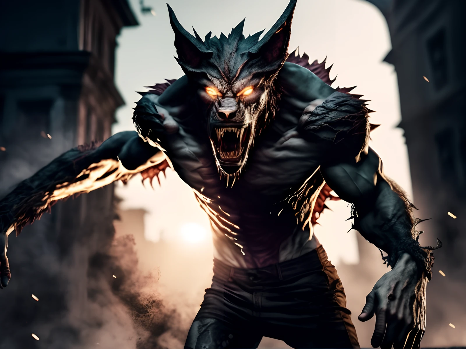 turning a person into (werewolf), torn skin, screams, horror, works by Irina French, Mandy Juergens and Charlie Bauter, highly detailed digital art, art station, amazing detail (cinematic lighting), drama, darkness, clear focus, very dark lighting, heavy shadows, detailed face (semi-realistic: 1.6), dynamic camera angle (horror), (dark fantasy), split bleeding (better lighting), (super complicated details)), (super detail)), better shadows, Ultra-HD, torn clothes