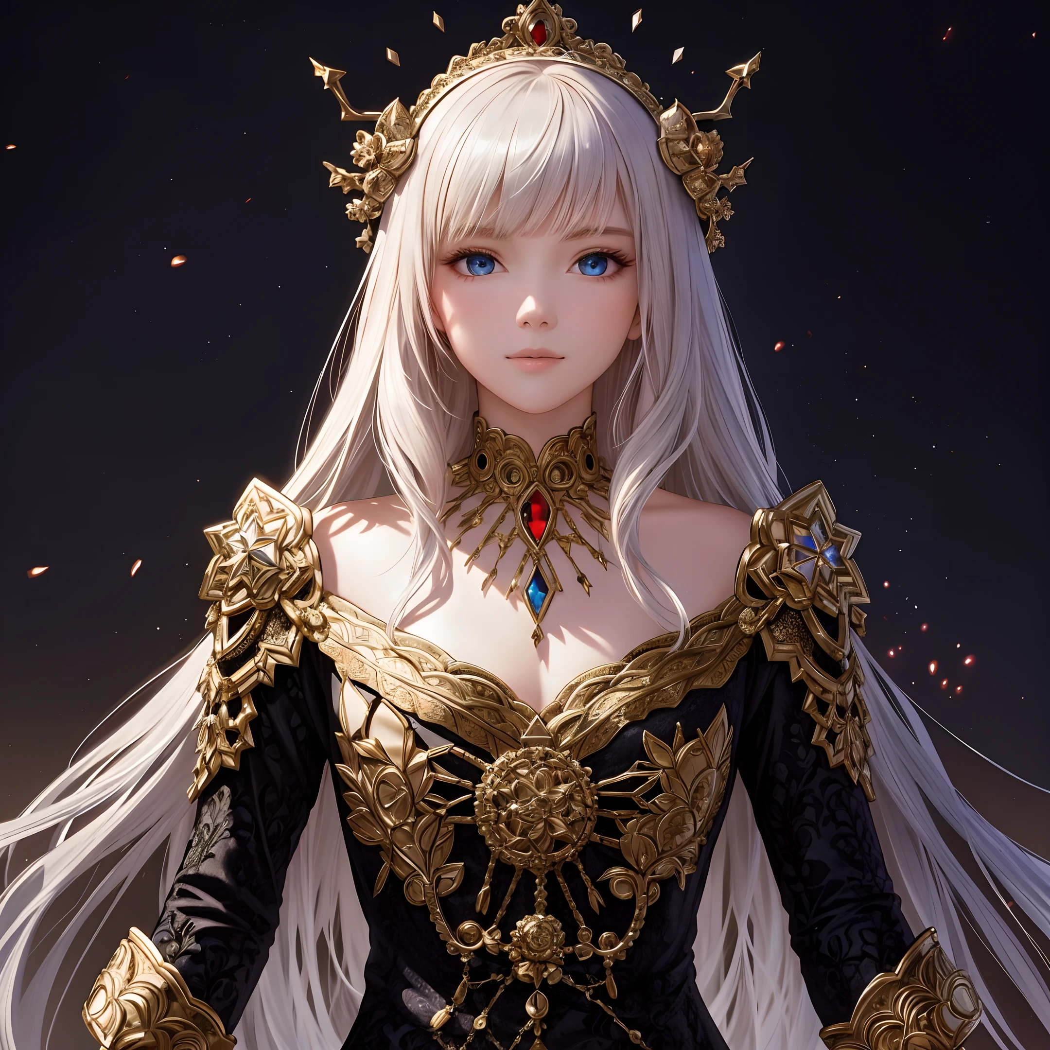 (best quality,masterpeace),(intricate details),(perfect composition), beauty detailed face,hyperrealistic,
A young woman is reincarnated into a world of magic and adventure, where she must use her modern knowledge and skills to survive and thrive in this new environment,
,hdr ,cinematic, trending on artstation,trending on CGSociety,immense details, blonde hair, blue eyes,  ((intricate pointed red obsidian crown)) 