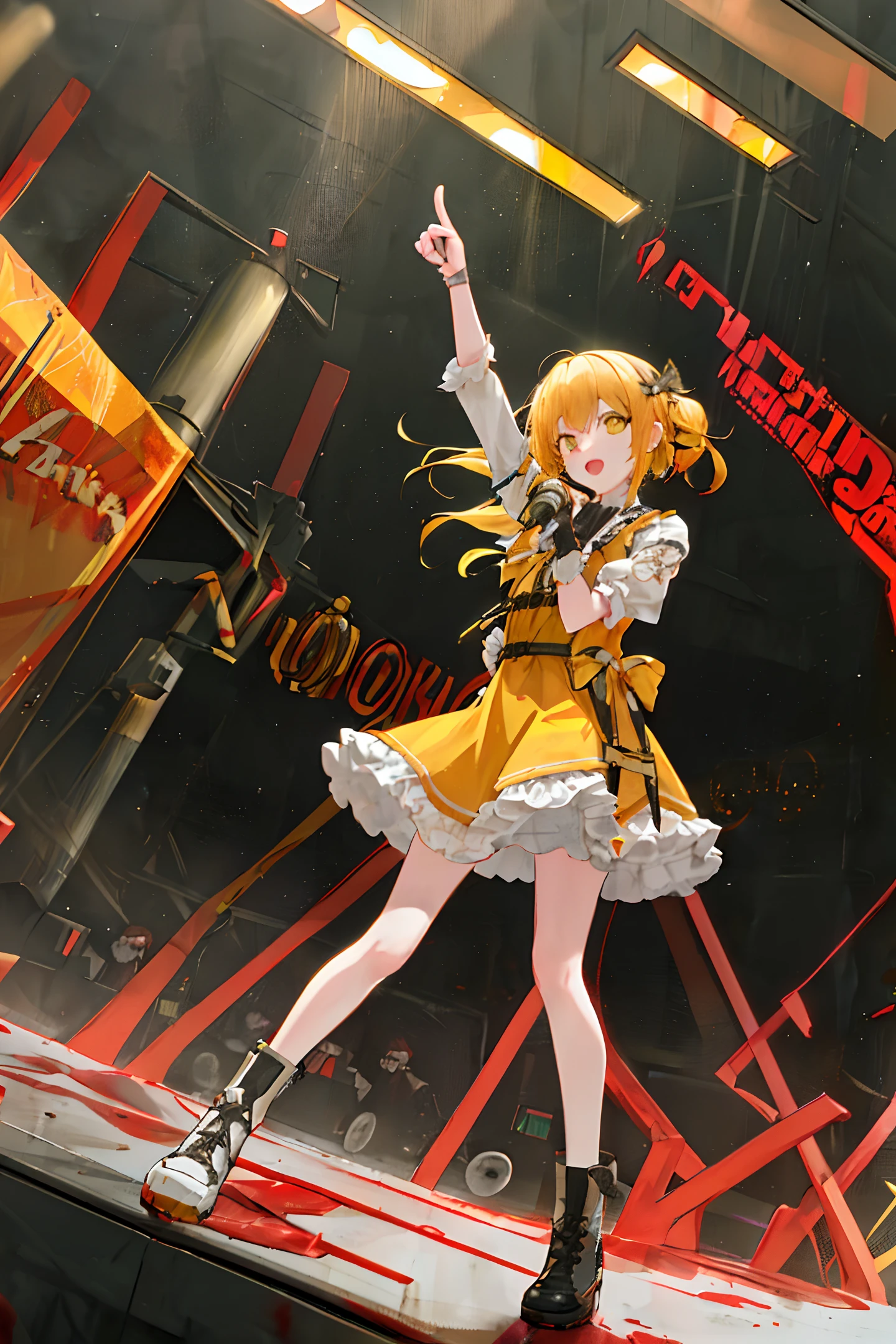 [(1girl, standing on the stage, holding a microphone in one hand, pointing at the camera with the other, wearing yellow clothes and yellow hair), (the stage was surrounded by a bloody environment of corpses)]: 0.8, gorgeous stage, blood all around the camera, (horror theme, strong lighting, red tones, dark and sinister atmosphere) :0.6