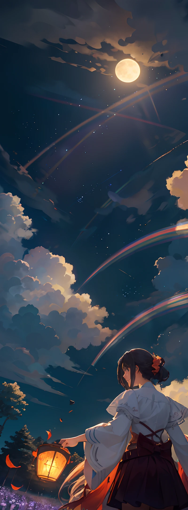 A wide landscape photo, (viewed from below, the sky is above, and the open field is below), a girl standing on a flower field looking up, (full moon: 1.2), (meteor: 0.9), (nebula: 1.3), distant mountains , Trees BREAK Crafting Art, (Warm Light: 1.2), (Firefly: 1.2), Lights, Lots of Purple and Orange, Intricate Details, Volumetric Lighting BREAK (Masterpiece: 1.2), (Best Quality), 4k, Ultra Detailed, (Dynamic Composition: 1.4), Rich in Detail and Color, (Rainbow Color: 1.2), (Glow, Atmospheric Lighting), Dreamy, Magical, (Solo: 1.2)