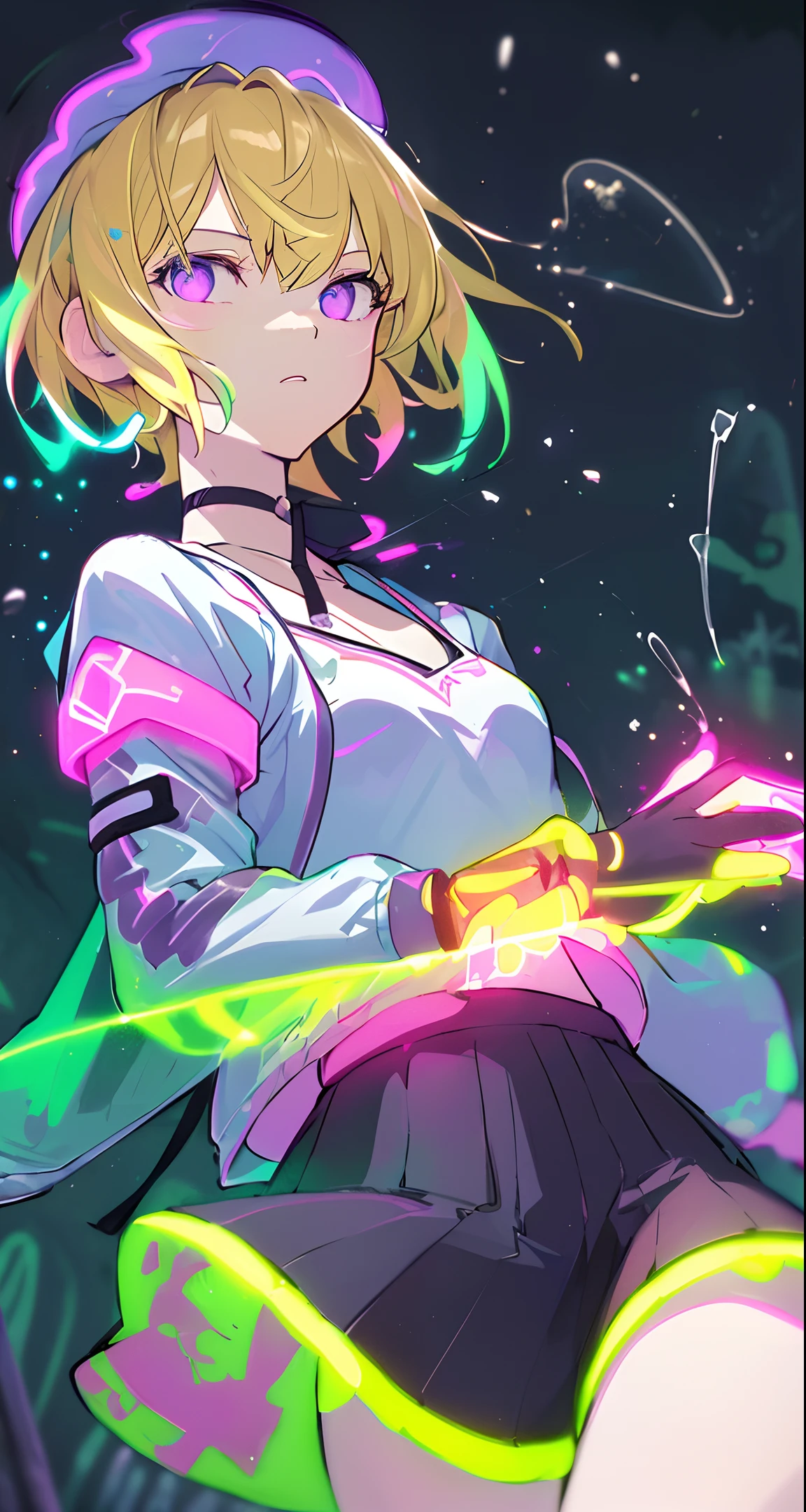 (masterpiece, best quality:1.2), illustration, realistic, absurd, (((bloom, glow, neon))), high contrast, depth of field, dynamic lighting, night, darkness, 1girl, solo, cute, slender, small breasts, delicate facial features, Hip-Hop, blonde short hair, fluorescent yellow stadium jacket, purple mini skirt, purple eyes, splash paint, graffiti on the wall