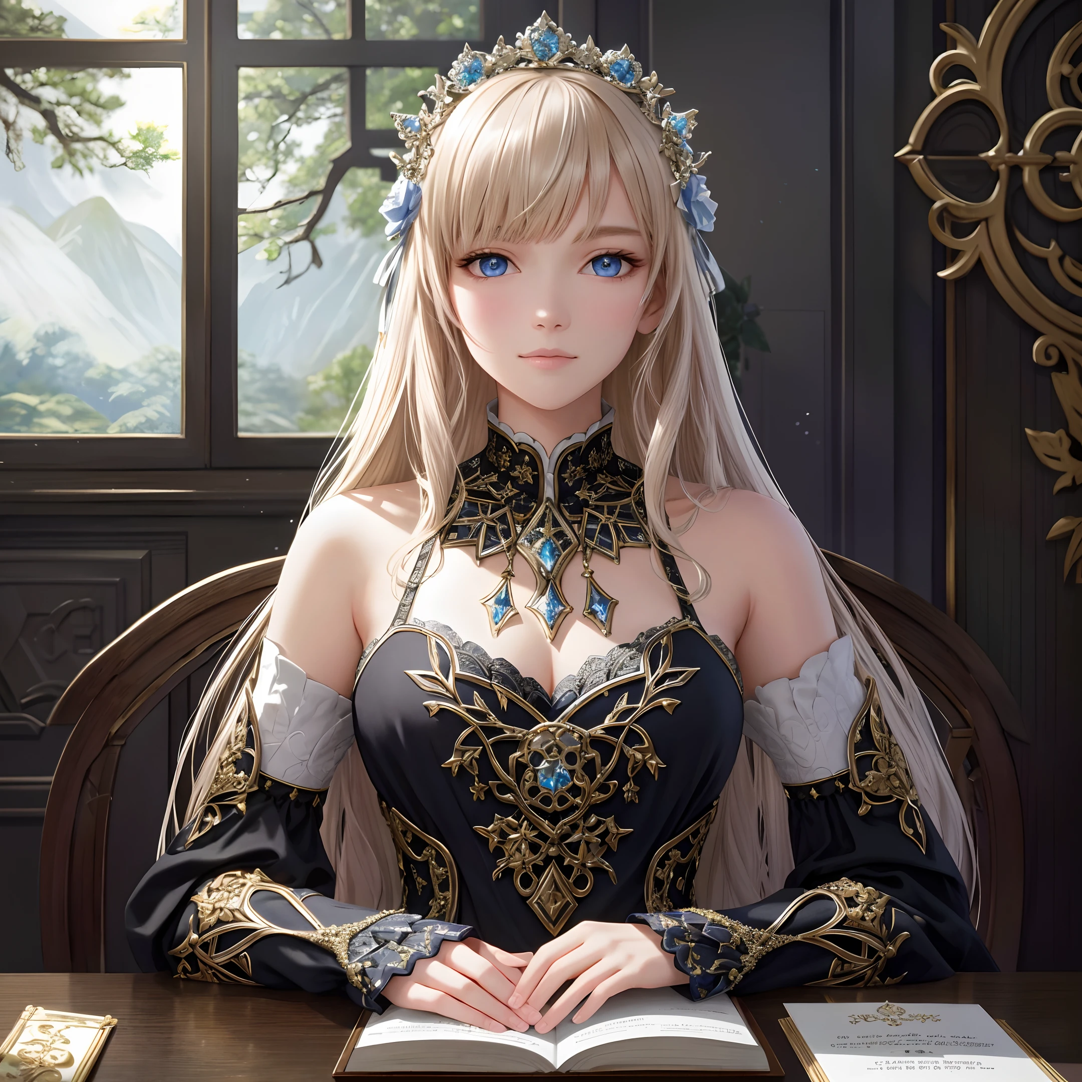 (best quality,masterpeace),(intricate details),(perfect composition), beauty detailed face,hyperrealistic,
A struggling writer is suddenly transported into their own fantasy novel, where they must find a way to defeat the villain and bring their story to a satisfying conclusion,
,hdr ,cinematic, blonded hair, blue eyes, princess, chinese style trending on artstation,trending on CGSociety,immense details,