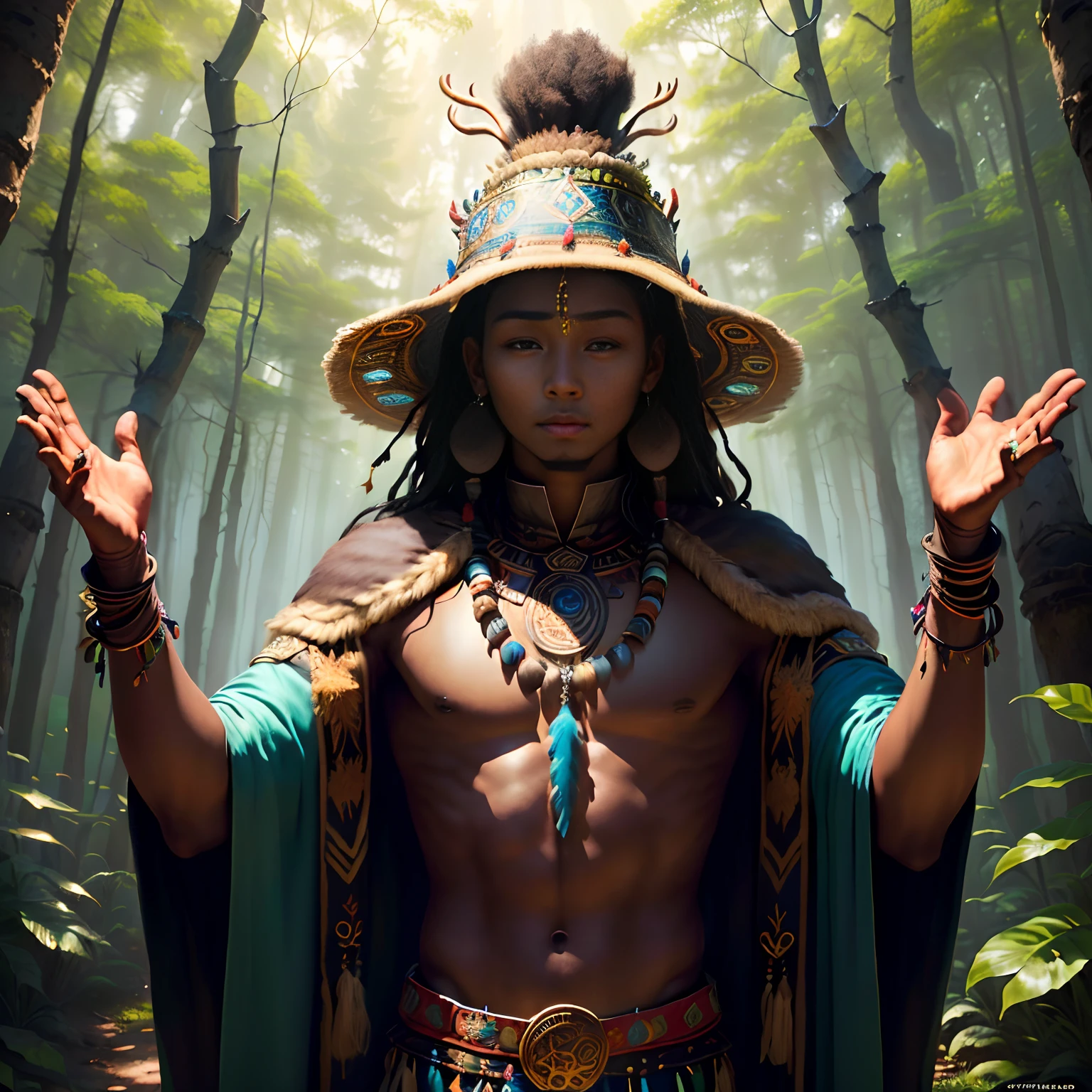 a wide-angle shot from above of an indigenous fullbody man standing on a mesoamerican pyramid, wearing a head scarf with many feathers like a natural Diadem dissolving with her head, ready to strike, detailed tribal make up, on the top of a Pyramide in a dense rainforest, view from above, intense lighting, intense focus as leaves are swirl around her, otherworldly creature, in the style of fantasy movies, photorealistic, shot on Hasselblad h6d-400c, zeiss prime lens, bokeh like f/0.8, tilt-shift lens, feminine hero pose, neo-mosaic, Neo shamanism, psychedelic, psy-trance Art, symmetrical balance, fantastical machines, alchemical symbols, serene faces, beautifully color coded, intricate composition, digitally enhanced, detailed wildlife, –ar 16:9 –s 750 –v 5