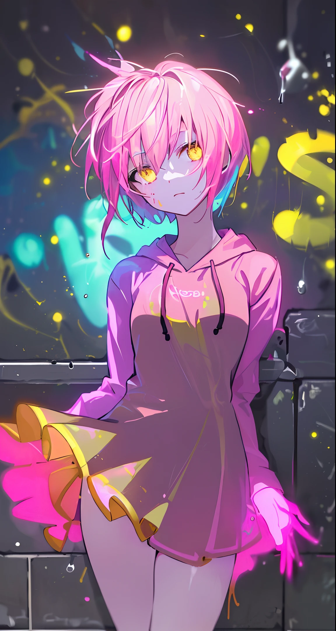 (masterpiece, best quality:1.2), illustration, realistic, absurd, (((bloom, glow, neon))), high contrast, depth of field, dynamic lighting, night, darkness, 1girl, solo, cute, slender, small breasts, delicate facial features, Hip-Hop, pink short hair,  yellow hoodie, pink skirt, yellow eyes, splash paint, graffiti on the wall