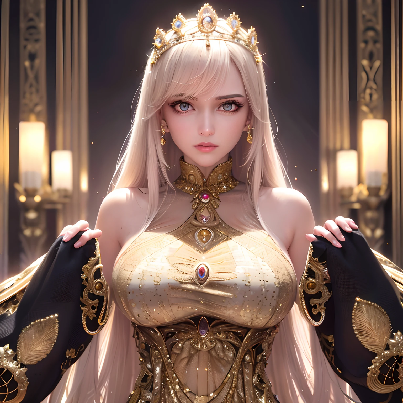 ultra realistic 8k cg, epic, (royal palace), royal, ((rich, prestige)), perfect artwork, masterpiece, picture-perfect face, perfect face, beautiful face, ((perfect female body)),  charming, seductive, erotic, alluring, enchanting,  mature female, narrow waist, gorgeous goddess, deity, divine queen, absurdly long hair, blonde hair, dark blue eyes, glowing eyes, piercing eyes, looking at viewer,  ((intricate detail, delicate pattern)), science fiction, jewelry, gem, gold, diamond, (intricate gold red crown) 