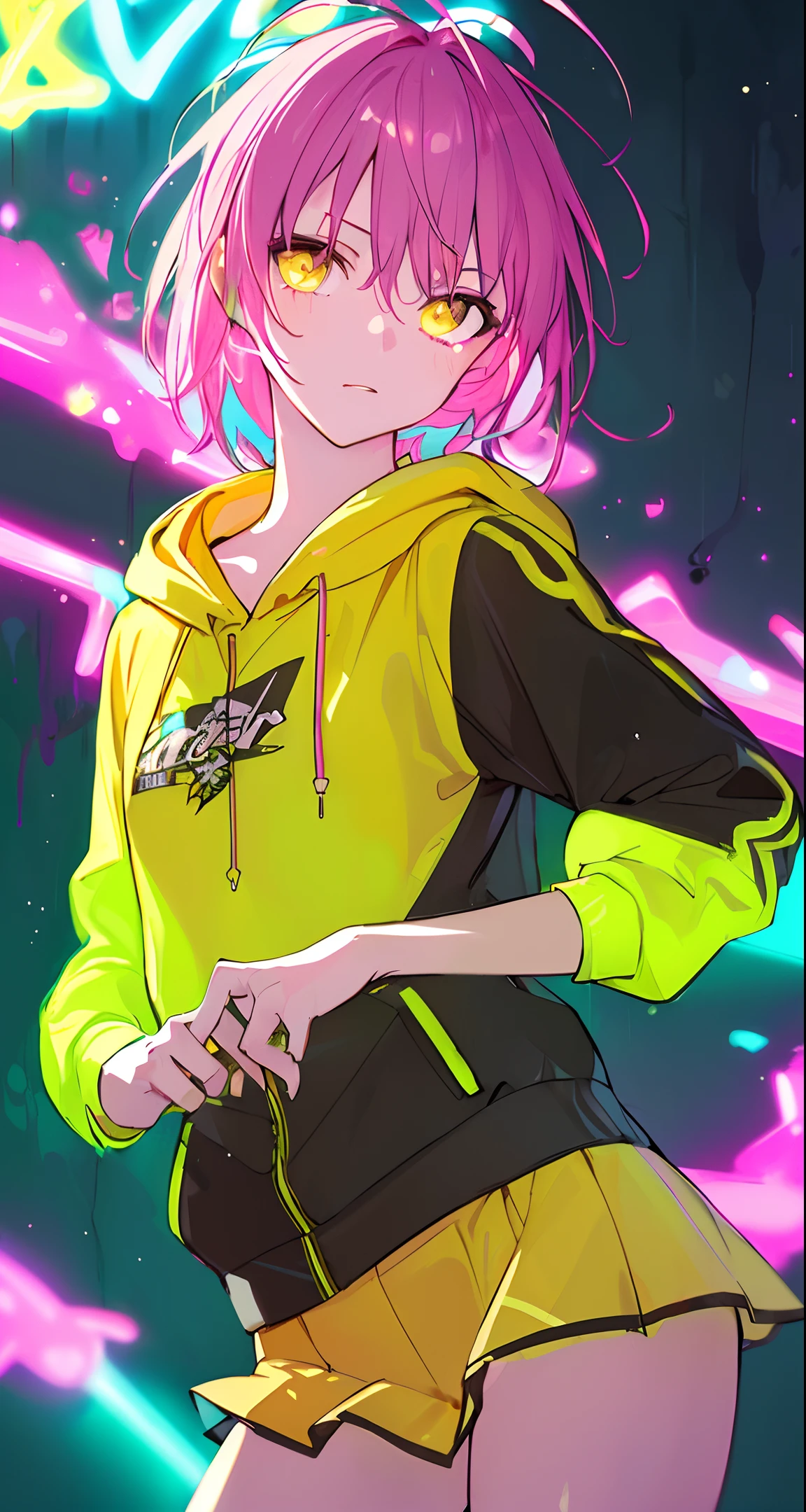 (masterpiece, best quality:1.2), illustration, realistic, absurd, (((bloom, glow, neon))), high contrast, depth of field, dynamic lighting, night, darkness, 1girl, solo, cute, slender, small breasts, delicate facial features, Hip-Hop, pink short hair,  yellow hoodie, fluorescent pink skirt, yellow eyes, splash paint, graffiti on the wall