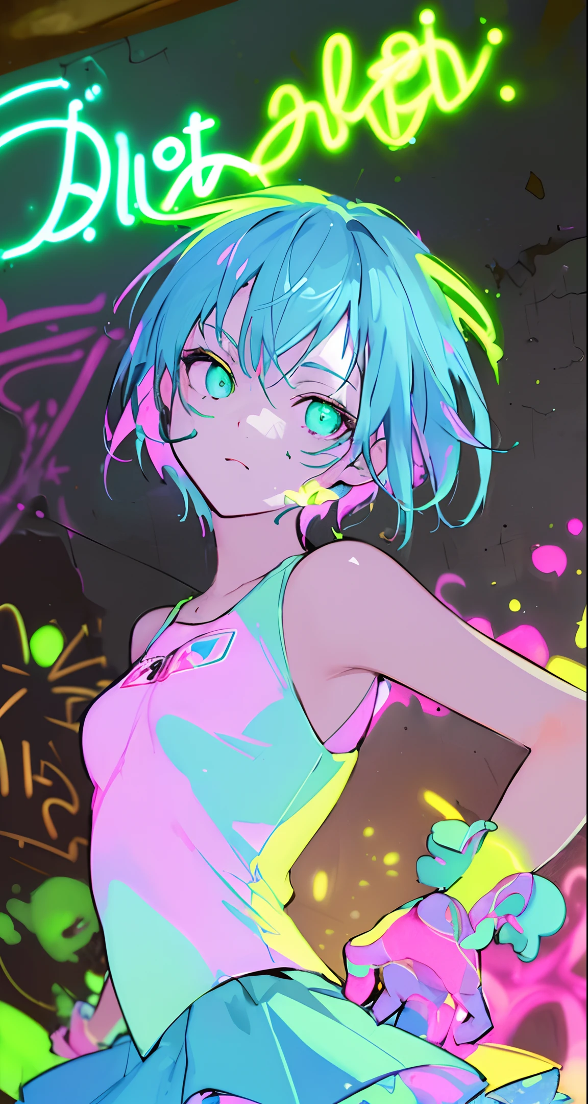 (masterpiece, best quality:1.2), illustration, realistic, absurd, (((bloom, glow, neon))), high contrast, depth of field, dynamic lighting, night, darkness, 1girl, solo, cute, slender, small breasts, delicate facial features, Hip-Hop, cyan short hair,  fluorescent green t-shirt,  blue skirt, green eyes, splash paint, graffiti on the wall