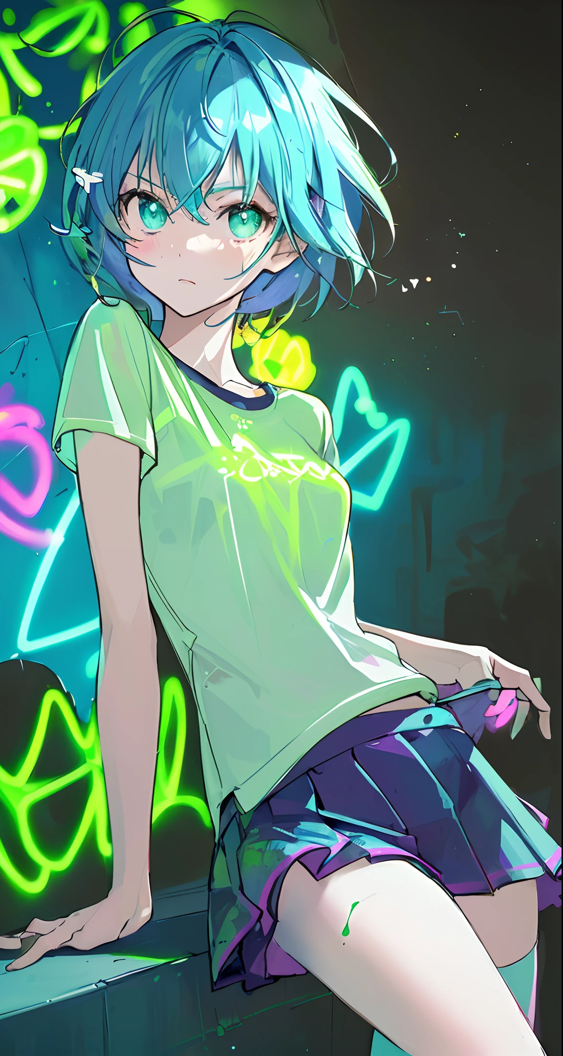 (masterpiece, best quality:1.2), illustration, realistic, absurd, (((bloom, glow, neon))), high contrast, depth of field, dynamic lighting, night, darkness, 1girl, solo, cute, slender, small breasts, delicate facial features, Hip-Hop, cyan short hair,  fluorescent green t-shirt,  blue skirt, green eyes, splash paint, graffiti on the wall