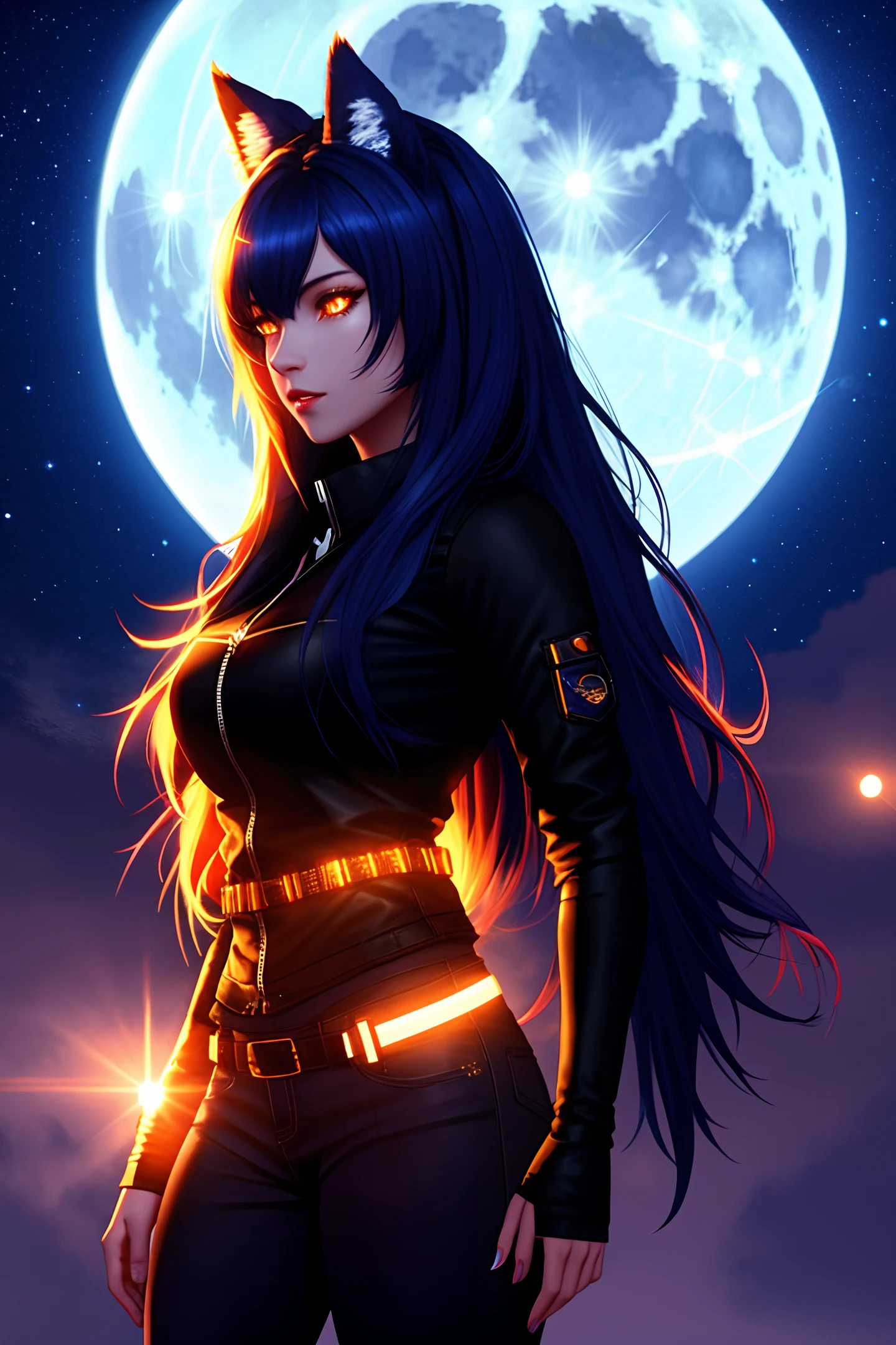 Blue Moon, Night Sky, Beautiful Female Werewolf, Mid-Length Hair, glowing orange eyes, realisitic, highly detailed, Unreal Engine, 8k