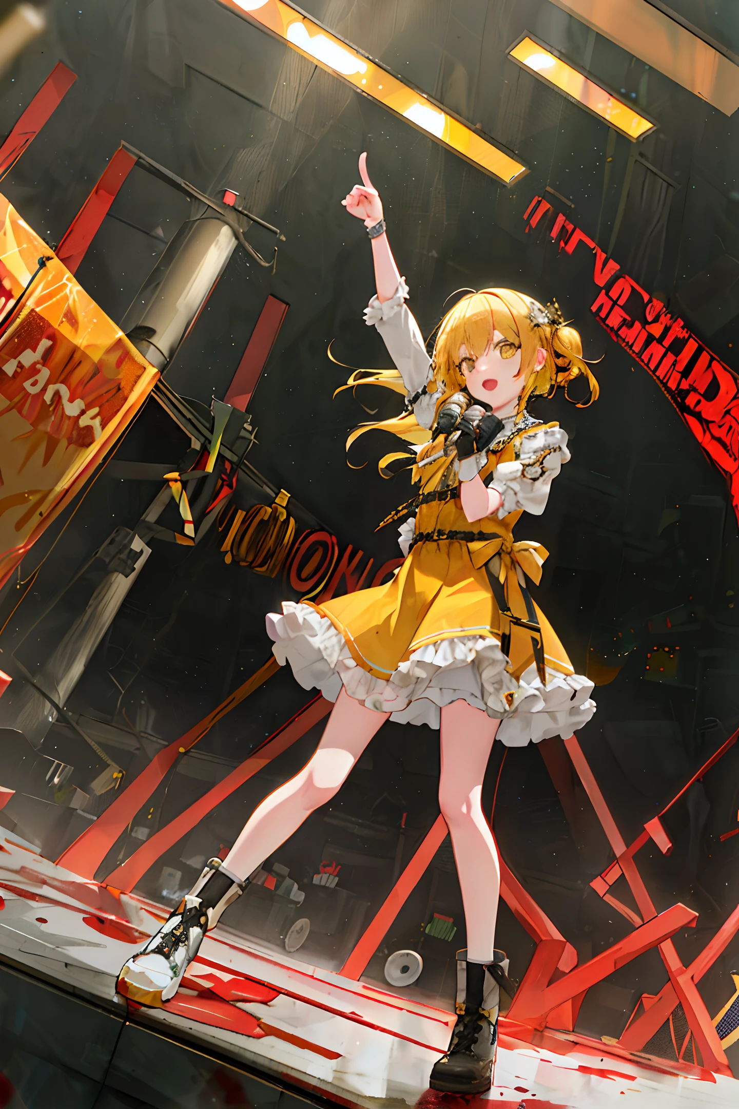 "8k quality, [(1girl standing on stage, holding a microphone in one hand and pointing towards the camera with the other, wearing yellow clothes and yellow hair), (bloody environment with corpses surrounding the stage)]:0.8, stunning stage with blood all around the camera, (horror theme, strong lighting with red tone, dark and sinister atmosphere):0.6, The King in yellow."