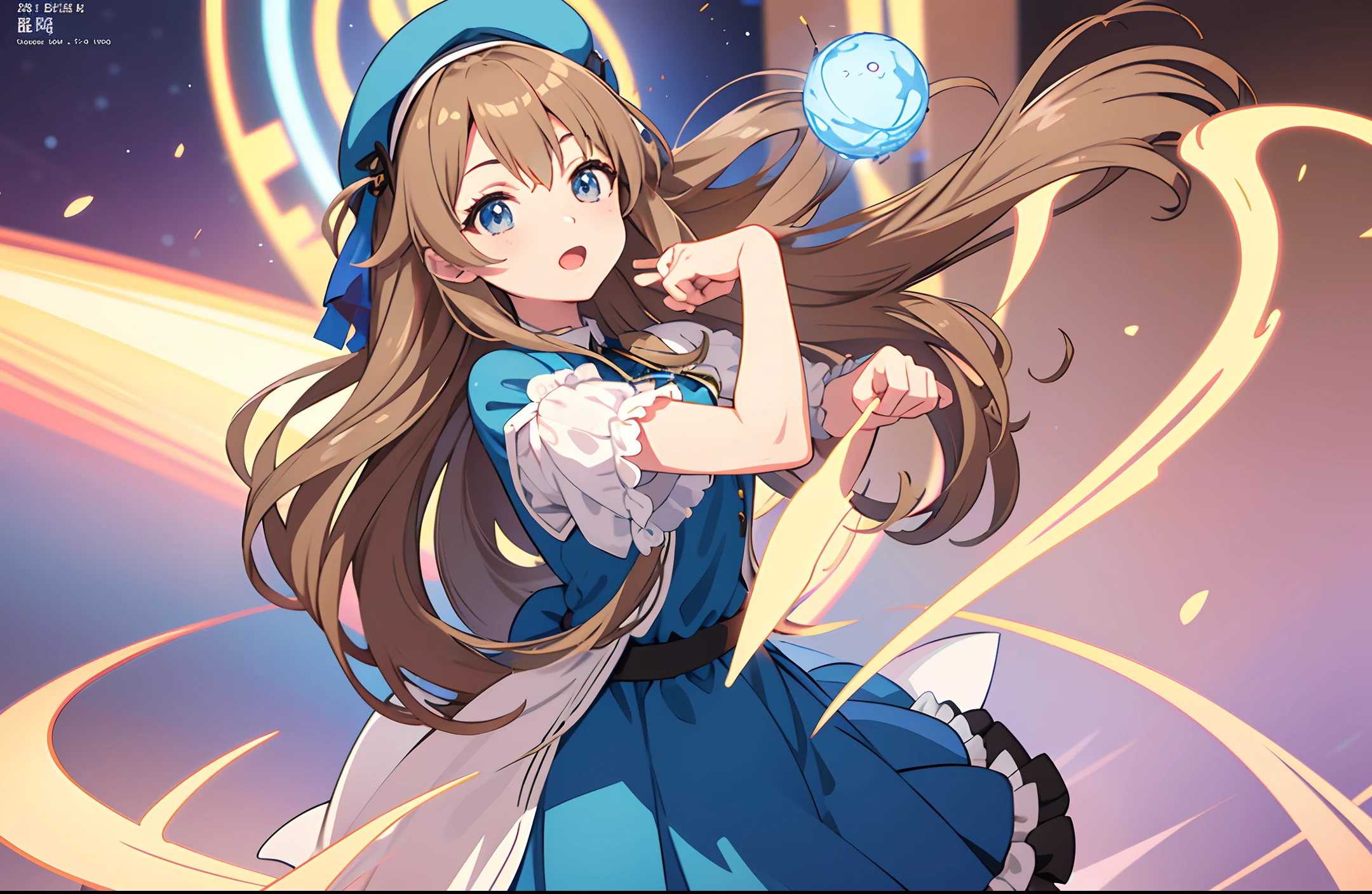 Anime girl with light brown hair, medium length wavy hair, blue dress and blue hat, high level of detail, official artwork, anime cute art style, anime ta, 8k! Animation illustration, stage, concert, idol