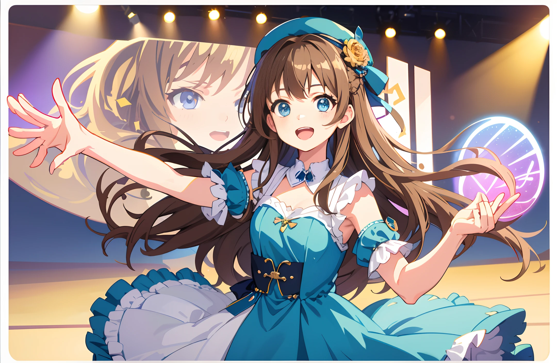 Anime girl with light brown hair, lantern braids, twisted side braids, medium-length curls, blue dress and blue hat, high level of detail, official artwork, animated cute art style, anime Lolita, 8k! Animation illustration, stage, concert, idol