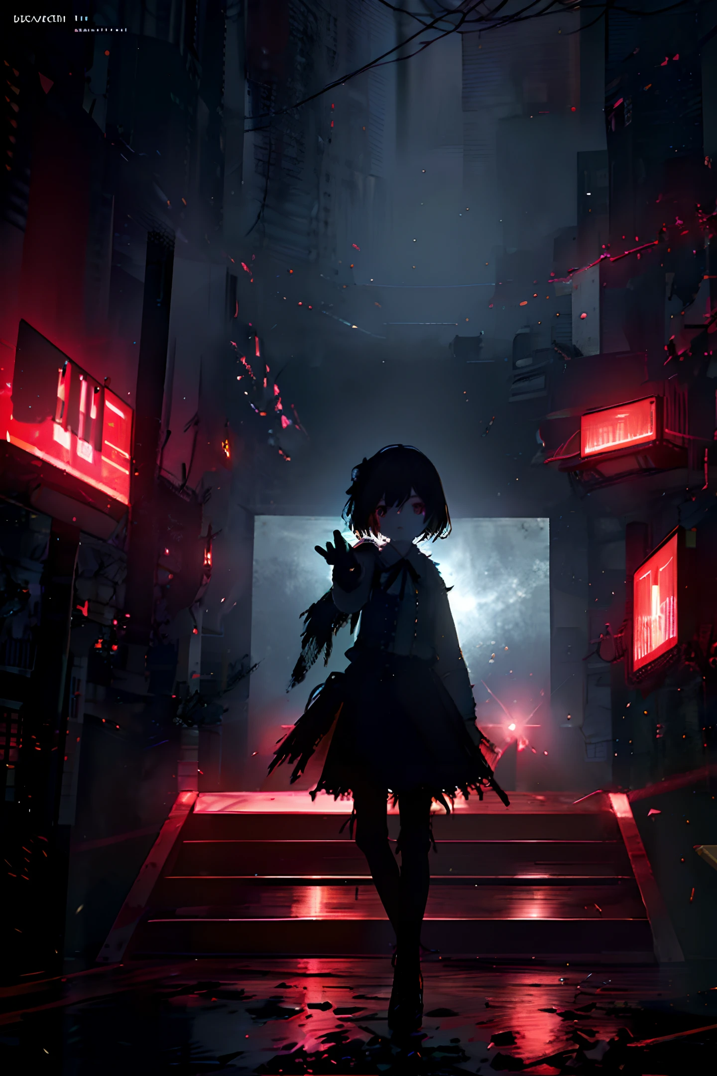 (8k resolution)), an ultra-detailed masterpiece depicting a young girl standing on stage with a microphone in one hand and pointing at the camera with the other. She wears yellow clothes and her hair is yellow. The stage was surrounded by bloody corpses, creating a horror theme with strong red lighting and a sinister atmosphere: 0.6. Coupled with the star-eye, all of this was captured in ultra-detailed CG Unity footage: 0.8. Additionally, the severed limbs are scattered throughout the scene.