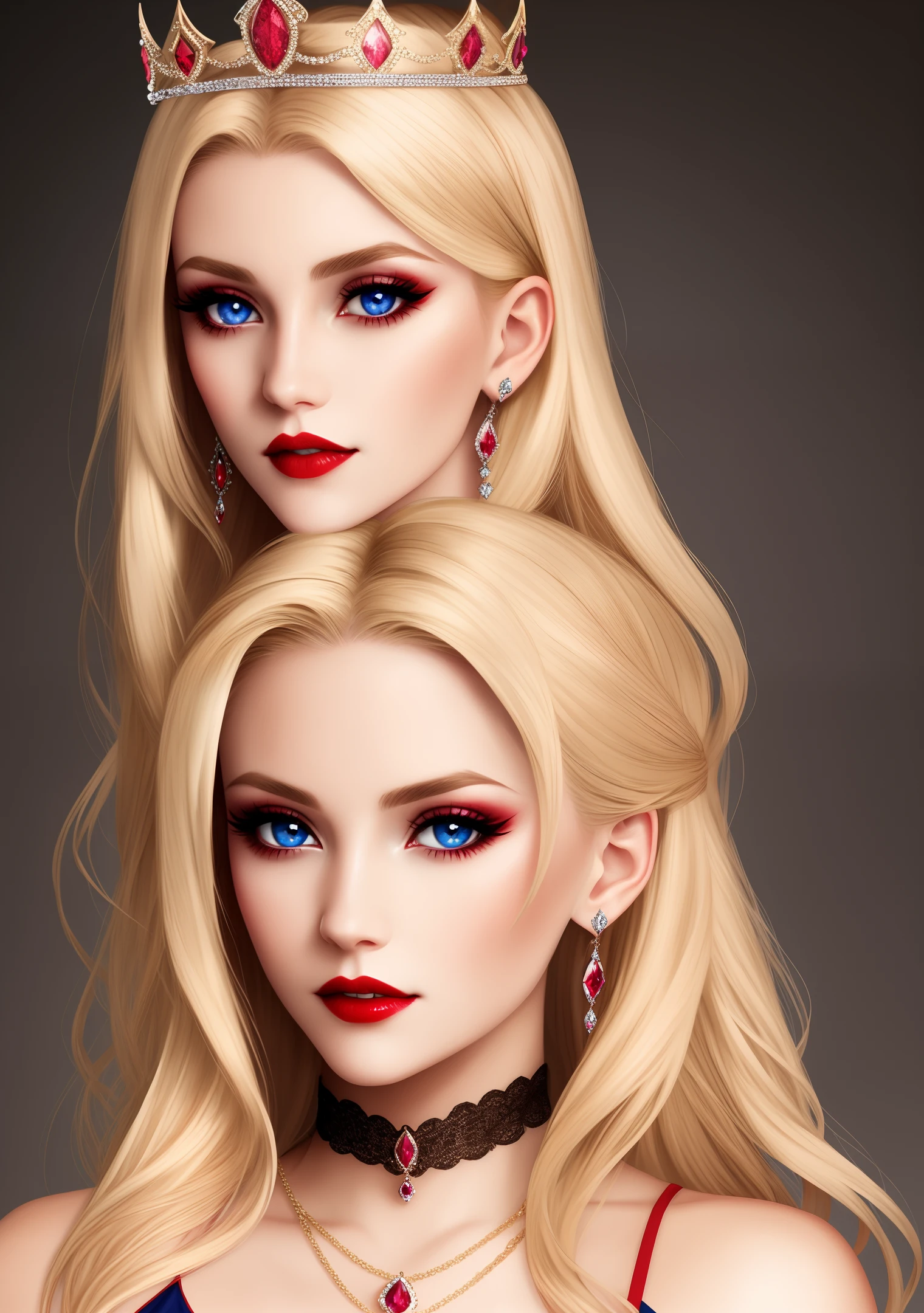 vampire huntress with blonde hair, 8k, perfect face, beautiful, princess, diamond, jewelry, crown, red lips, dark blue eyes, pink, 
