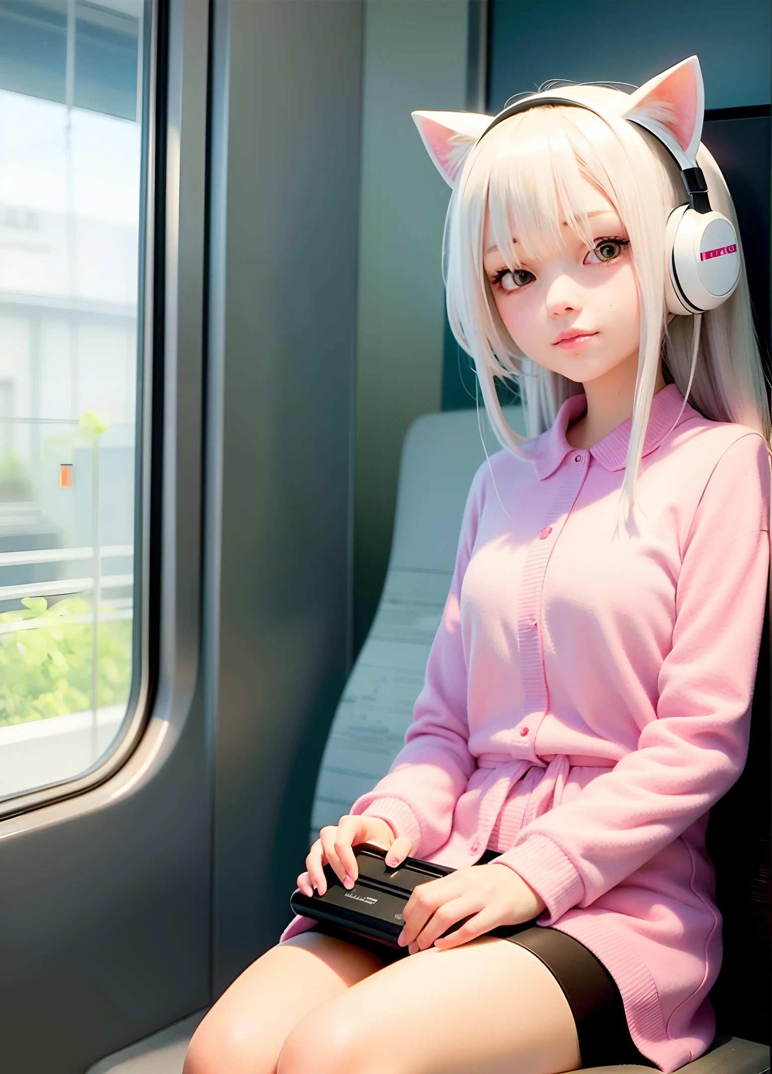 Optimized Prompt:
A beautiful cat ears girl with white hair wearing pink headphones is sitting on a moving train, lost in her own thoughts. The soft glow from the train windows illuminates her delicate features.