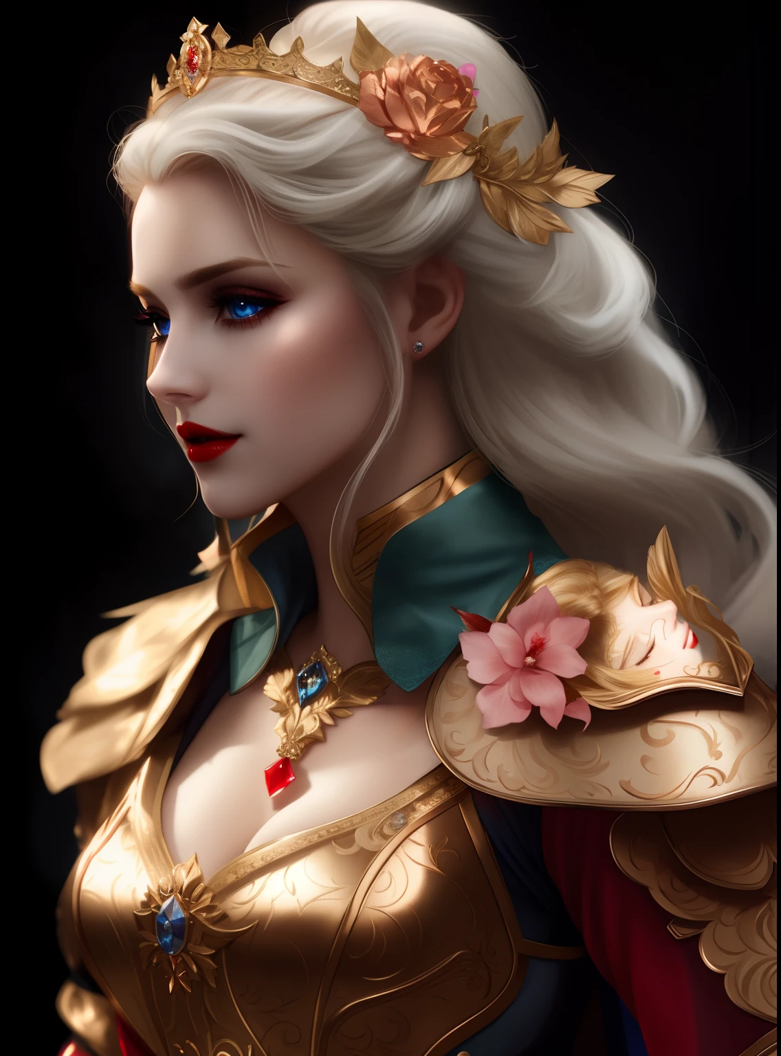 vampire huntress with blonde hair, 8k, perfect face, beautiful, princess, diamond, jewelry, crown, red lips, dark blue eyes, pink, 
