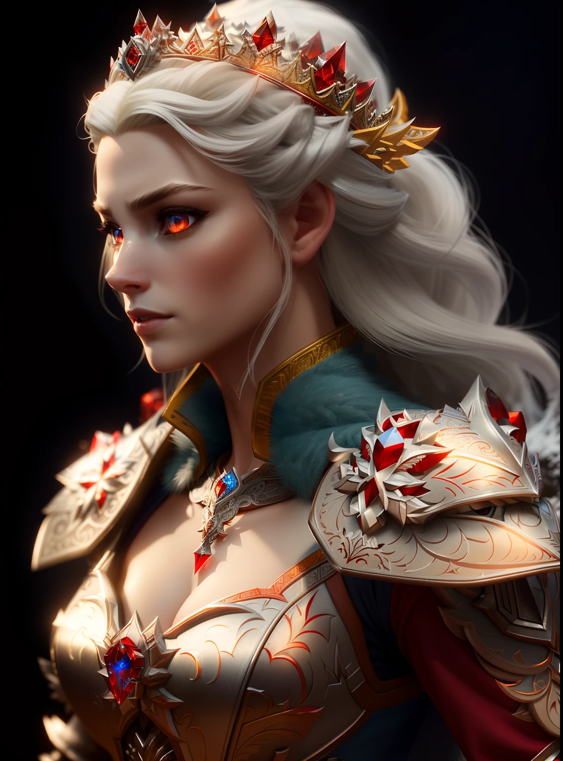analog style, ((intricate details)), full torso shot, cold lighting, beautiful, (evil princess), (blonde hair), ((ornate skimpy Frostshard Armor)), (intricate jagged tusionite red obsidian crown), dynamic pose, windblown hair, perfect face, (realistic eyes), round iris, (((red eyes))), perfect eyes, intricate, complex, sharp focus, studio photo, intricate details, highly detailed, sharp, perfect lighting, Masterpiece, detailed background, cinematic lighting, 8k