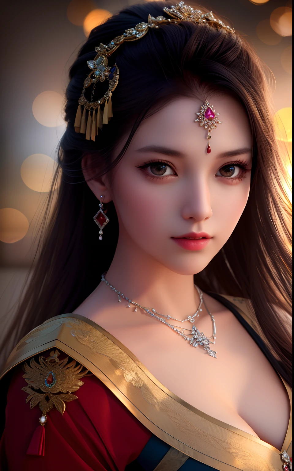 best quality, masterpiece, high resolution, 1 girl, porcelain dress, hair accessories, necklace, jewelry, beautiful face, on the body, Tyndall effect, photorealistic, beside the river, edge lighting, two-tone lighting, (highly detailed skin: 1.2), 8k UHD, dslr, soft lighting, high quality, volumetric lighting, open, photography, high resolution, 4k, 8k, bokeh