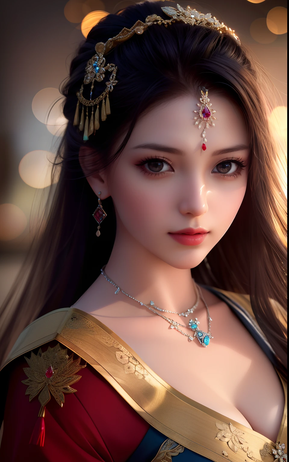 best quality, masterpiece, high resolution, 1 girl, porcelain dress, hair accessories, necklace, jewelry, beautiful face, on the body, Tyndall effect, photorealistic, beside the river, edge lighting, two-tone lighting, (highly detailed skin: 1.2), 8k UHD, dslr, soft lighting, high quality, volumetric lighting, open, photography, high resolution, 4k, 8k, bokeh