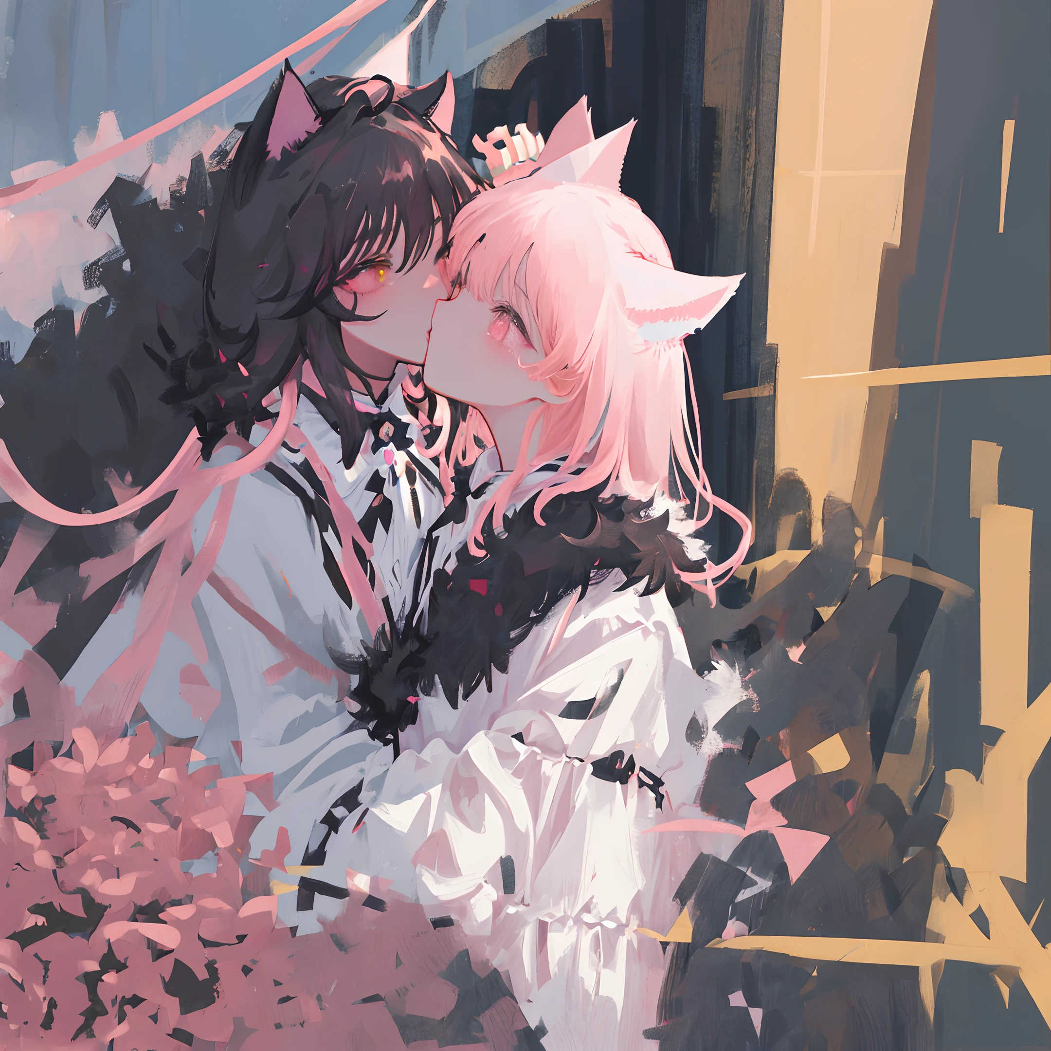 (best illustration, masterpiece) high resolution, close-up, soft skin, one guy,
[(cat ears, black fur, pink inside:1.2), (kiss, romantic, intimate):1.3]