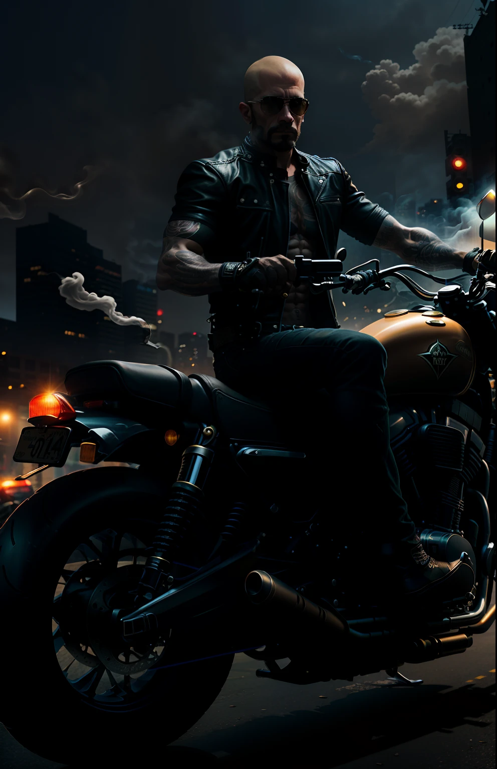 "Motorcycle gang theme, ultra-detailed clothing, nude, short hair, riding a motorcycle in dim lighting, tattoos, assault rifle, smoke, shadows, corrupt urban landscape, top-notch image quality, single focus on subject, slim silhouette: 1.04, muscular male, full body, intricate details (HD details: 1.1)."