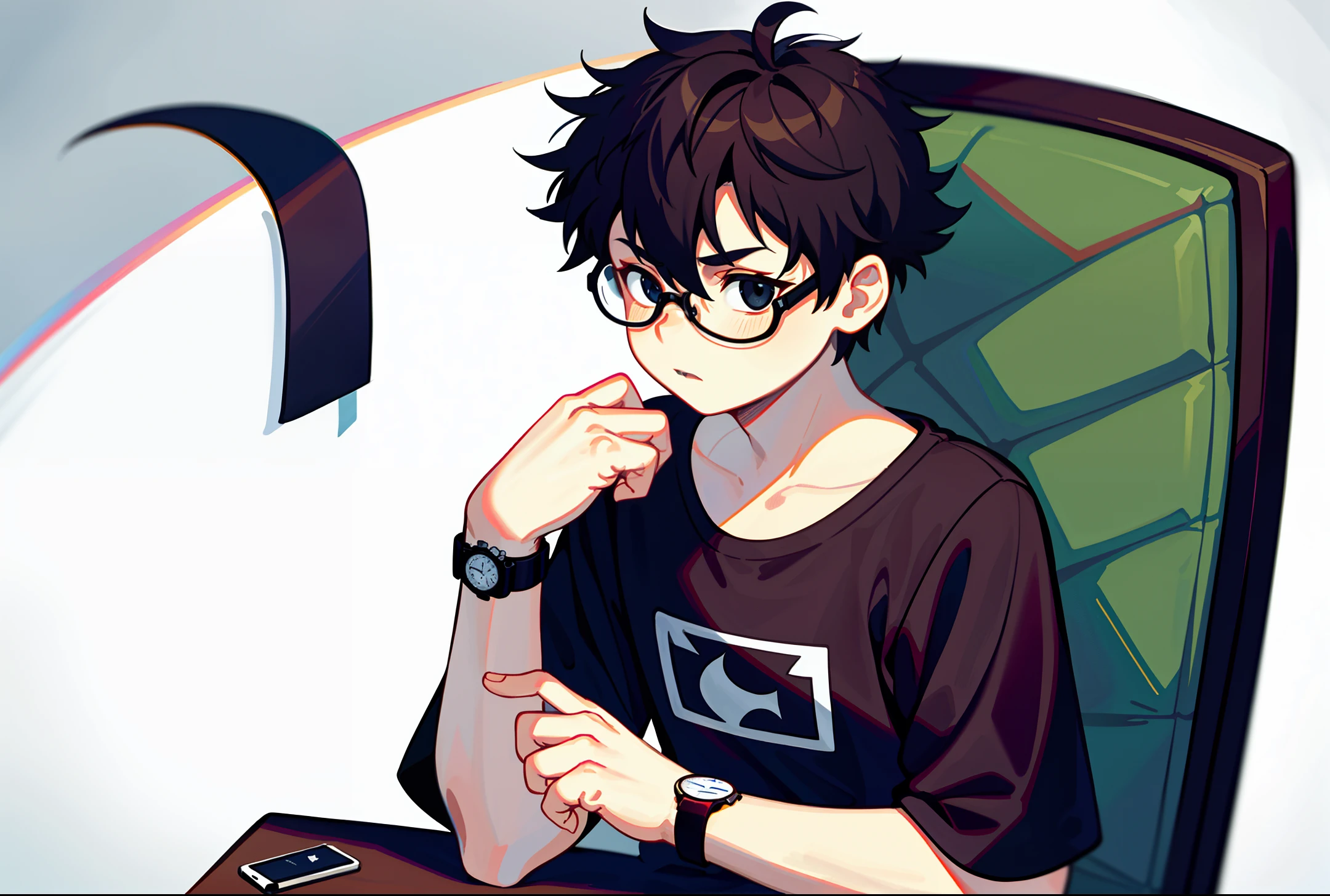 {{goreous}}, illustration, boy with short hair, prince, super short hair, dark hair, t-shirt, facing right, holding the watch, standing position, looking at the screen, cute, wearing black-rimmed glasses, cell phone, normal hands, five fingers, no chair or background, background is white