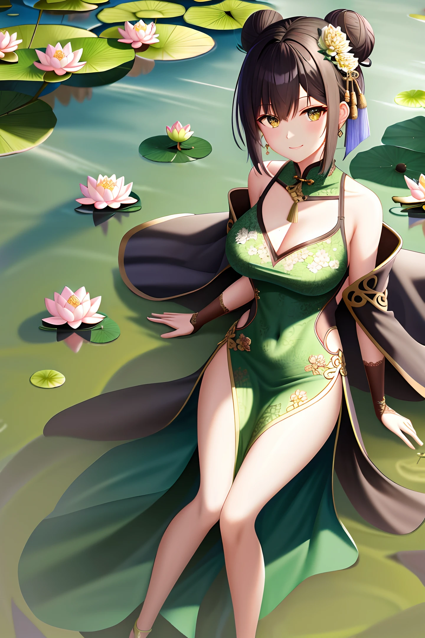 Pond, lotus flower, detailed skin texture, detailed fabric texture, detailed face, masterpiece, best quality, ultra-detailed, 8k, intricate detail, best quality, 1girl, bangs, bare shoulders, dark hair, ancient Chinese background, big boobs, thin, cape, cleavage, collarbone, patterned green dress, gloves, bun, hair accessory, hairpin, jewelry, a mole, necklace, smile, solo, stockings, (hiqkgbody: 0.5), (hiqcfface:0.5), full body shot,
