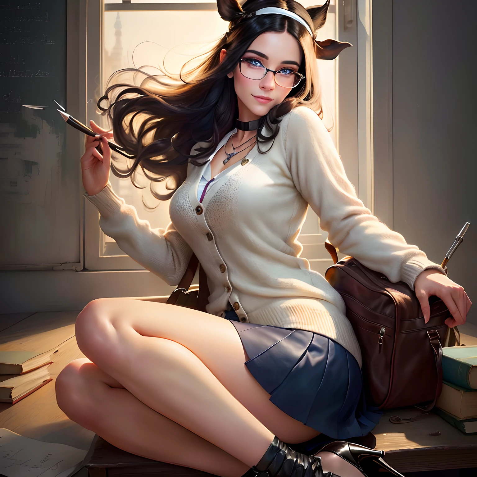 1 woman, (teacher with leather pointer: 1.2), high heels, cardigan. back, (fidelity: 1.5), realistic, octane rendering, ultra realistic, wide hips , close-fitting, Wearing a short skirt, perfect buttocks, white cardigan, (realistic face: 1.2), collar, (middle of the chest: 1.1), thick eyelashes, long eyelashes, (double tail of horse: 1.1), (dark hair: 1.1), glasses, headband, necklace, best quality, striped hair, half smile, (looking at viewer), sharp focus, (4k), (master artwork), (best quality), fantasy, very detailed, intricate, ultra detailed, (perfect face), illustration, low lighting, (highlight: 1.4), blue eyes, ridiculous
