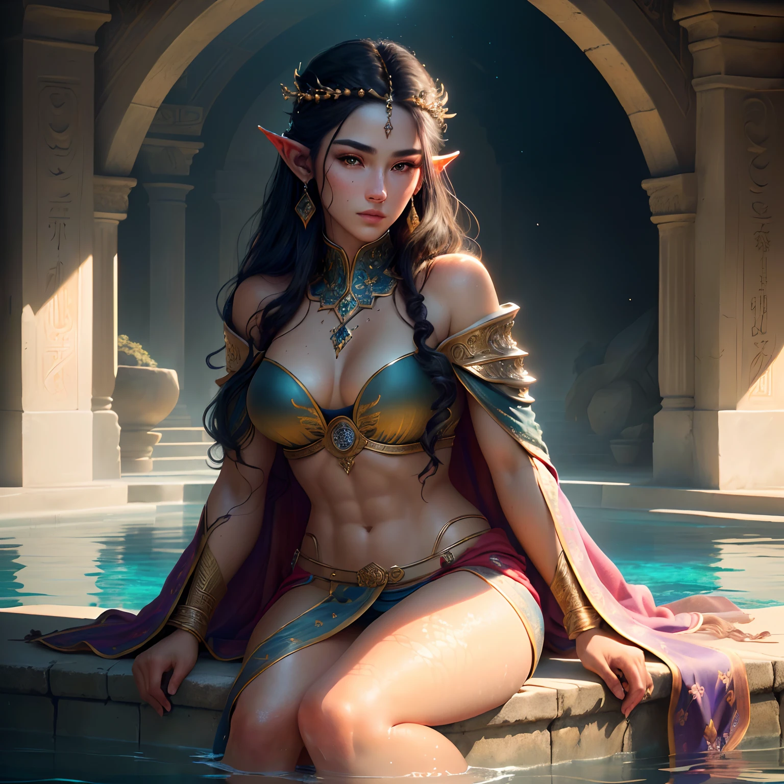 (best illustration), (best shadow), absurdres, realistic lighting, (Abyss), beautiful detailed glow, best quality, masterpiece, highres, photo realistic, ultra realistic, ancient swimming pool, sun tyndall effect,photorealistic, dark studio, rim lighting, tone lighting,(high detailed skin:), 8k uhd, dslr, soft lighting, high quality, volumetric lighting, candid, photograph, high resolution, 4k, 8k, bokeh, ultra realistic 8k cg, (epic:, perfect artwork, masterpiece, ancient dynasty, medieval, fantasy), (((detailed background))), 20yo elf fresh model ,(stunning godlike beauty, striking facial features, detailed hair, holding the camera, amazing stunningly beautiful, striking physical features , sitting, detailed skin, 50mm portrait, glamour, perfect soft curves, perfect body, perfect chest, perfect extremely detailed abs, wide hips, full wet lips, ultra realistic