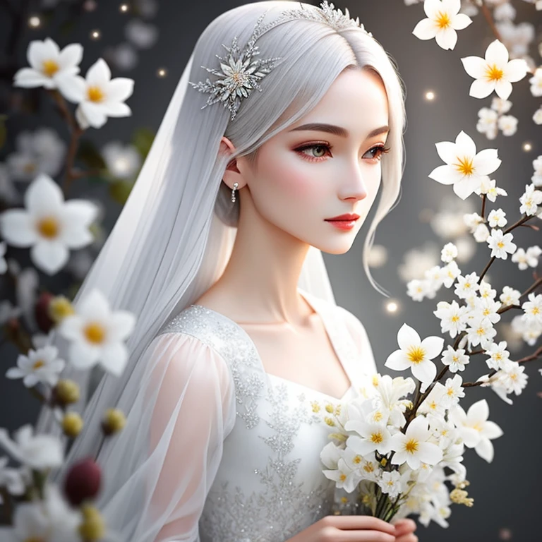 Bouquet of white plum flowers, super transparent, holy light, beautiful spectral light, petals glow, flashing, dark background, drops of transparent light, reflective light, bright, light flows inward, optics, portrait profile, sharp focus, magical, intricate, ultra-realistic, fantasy, composition, light, trend on artstation, pearl, patronus cloud of silver pair, caustic enveloping ray family, 8k, ureal ar 23v4 uplight