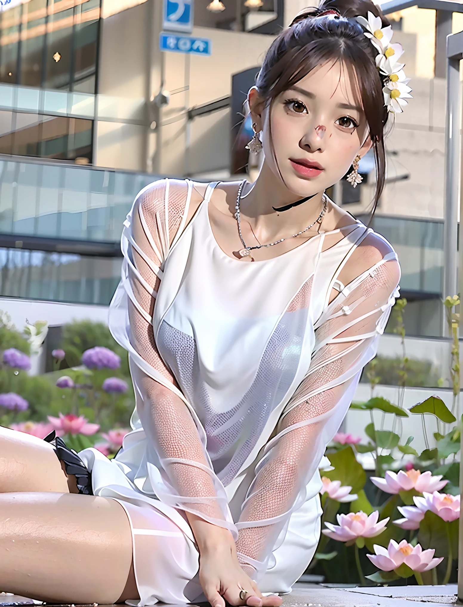 The background is a wide pond, gorgeous lotus flowers, a casual pose, (extremely delicate and beautiful work), (masterpiece), 1girl, white dress, high detail, twisted ponytail, beautiful eyes, beautiful necklaces, beautiful earrings, beautiful paintings, beautiful faces, beautiful collarbones, lovely lips, beautiful breasts, RAW (8K, RAW) photos, RAW (8K, RAW) photos, best quality, masterpiece: 1.2), (realism, 1.37, realism: 1.37), (realism, 1.37, realism: 1.37) Love, photon mapping based on physical rendering