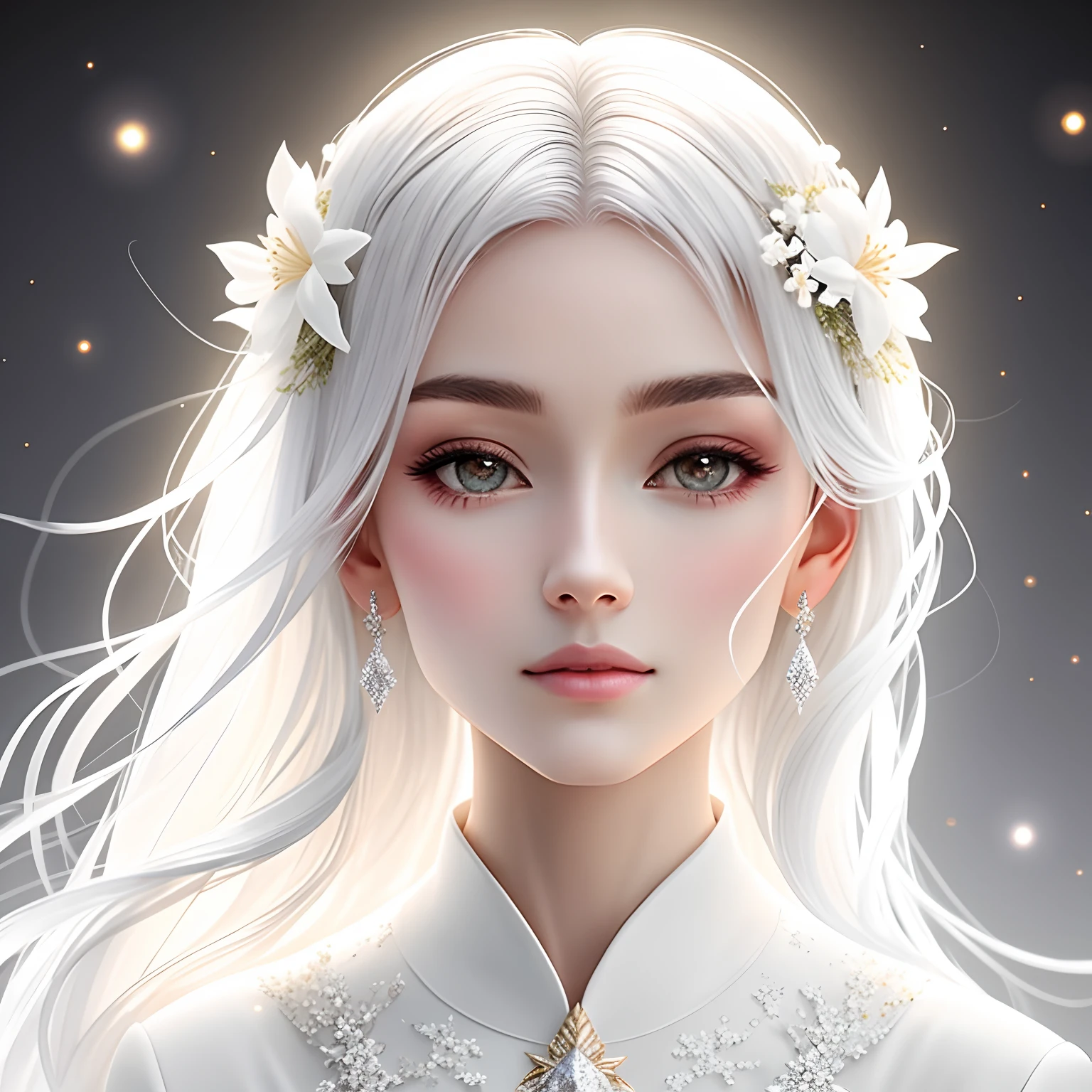 Bouquet of white plum flowers, super transparent, holy light, beautiful spectral light, petals glow, flashing, dark background, drops of transparent light, reflective light, bright, light flows inward, optics, portrait profile, sharp focus, magical, intricate, ultra-realistic, fantasy, composition, light, trend on artstation, pearl, patronus cloud of silver pair, caustic enveloping ray family, 8k, ureal ar 23v4 uplight