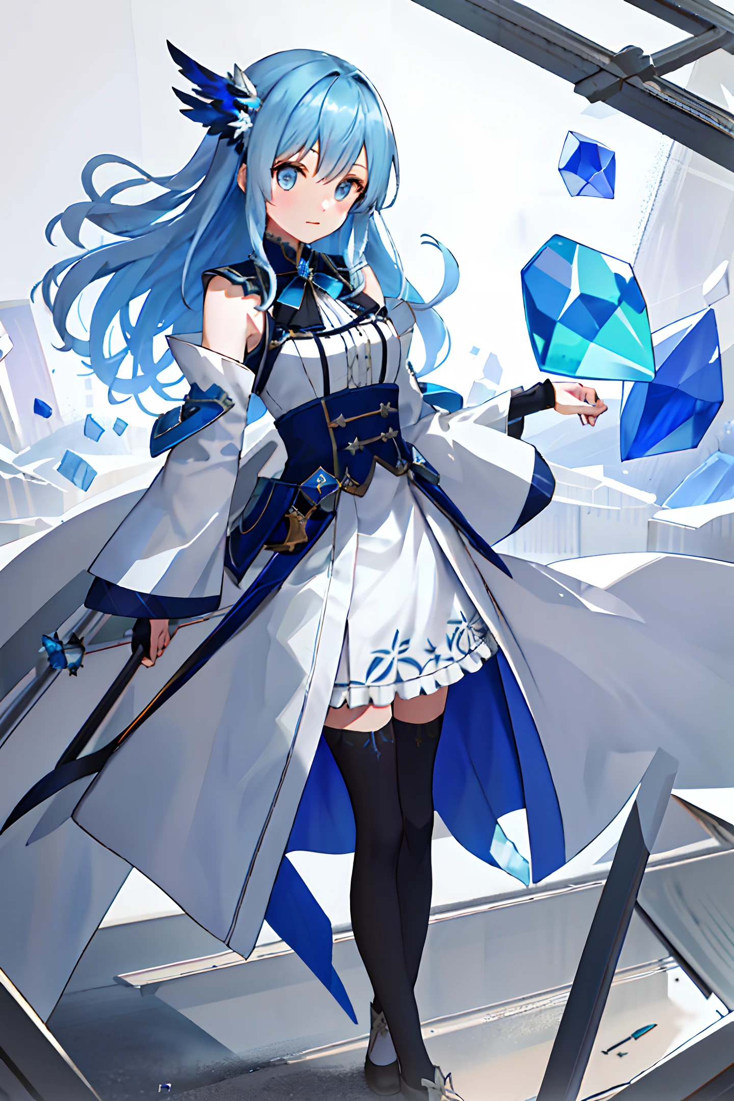 Standing in the north wind, a girl with blue hair and a blue robe. Her clothes rolled in, and cold fragments flew around her. This scene has crystal eyes and ultra-detailed 8k CG quality, and is full of rich and intricate details.