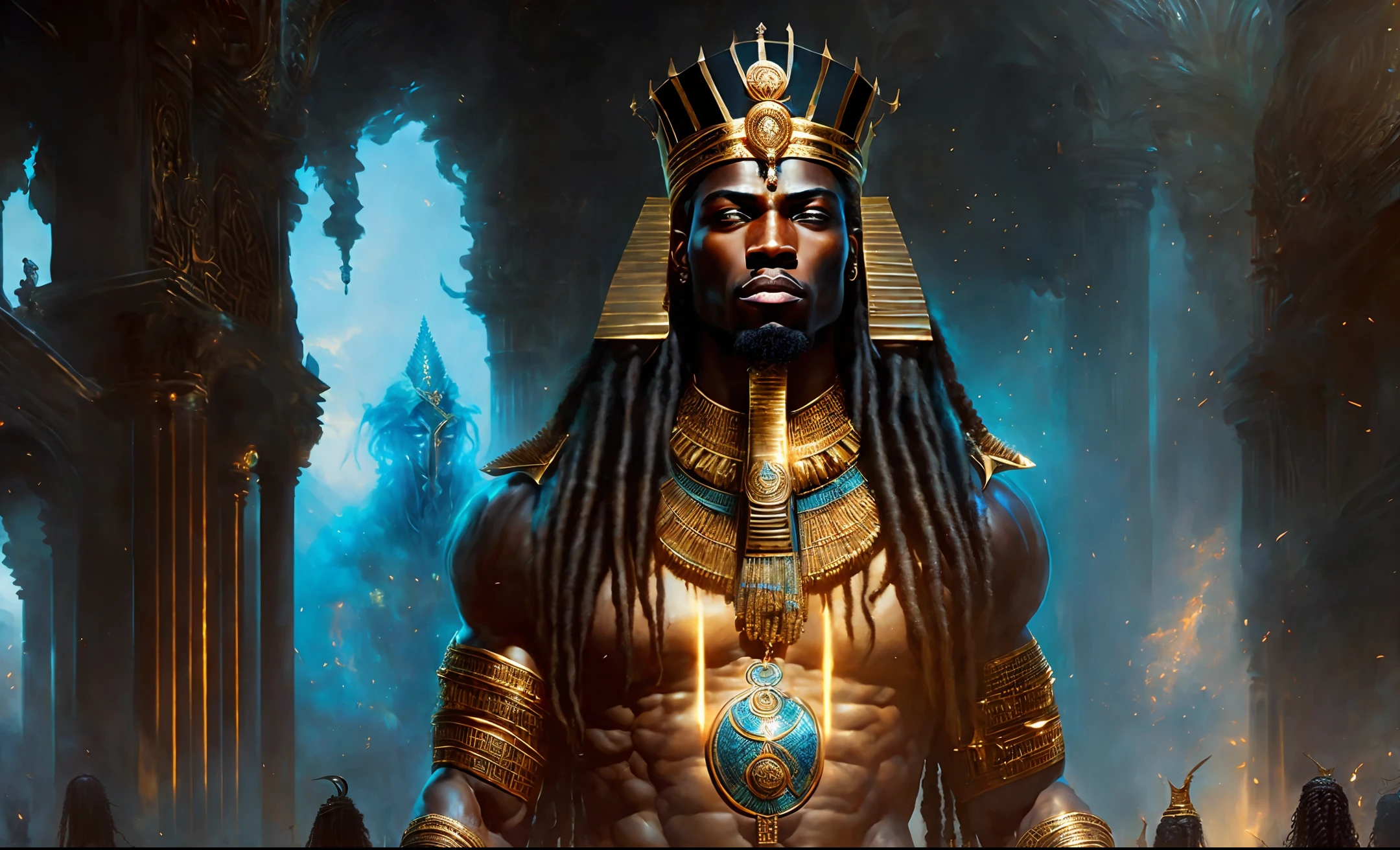 Highly (dynamic:1.2) scene art detailed (rutkowski:1.2) ((pharaoh crown of ramses)), handsome, (dark skin), ((long woven dreadlocks)) ((muscular)), (fantastic amazing decoration:1.2), explosive volumetric, Delightful anatomy, (fantastic god perfect art, 64k ultra hd:1.1), (art by apterus, art by dan mumford:1.2)