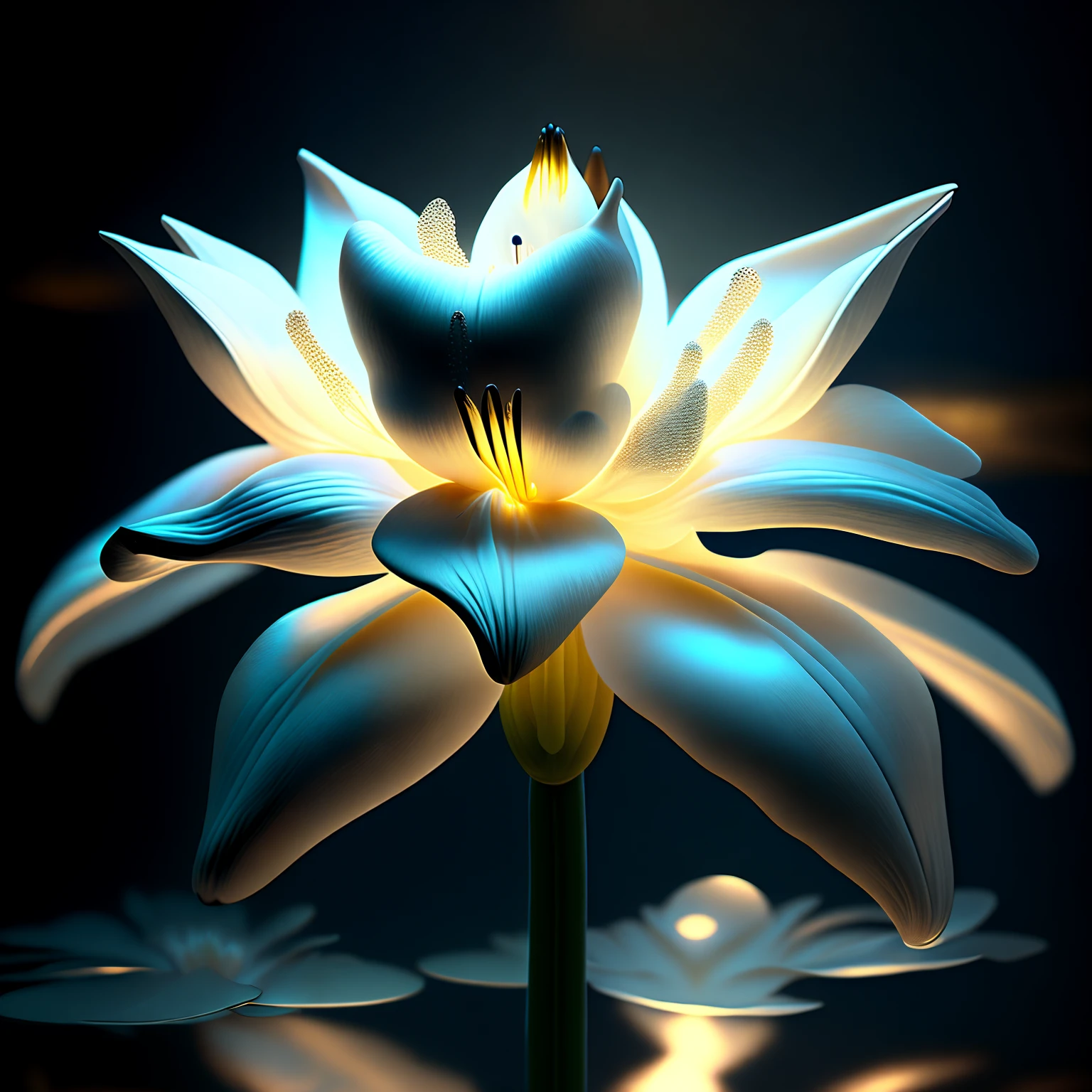 white lily flowers, super transparent, holy light, beautiful spectral light, petals glowing, flashing, dark background, drops of transparent light, reflective light, bright, light streaming in, optics, portrait profile, sharp focus, magical, intricate, ultra-realistic, fantasy, composition, light, trend on artstation, pearl, patronus cloud of silvery vapor, corrosive enveloping ray family, 8k, ureal ar 23v4 uplight