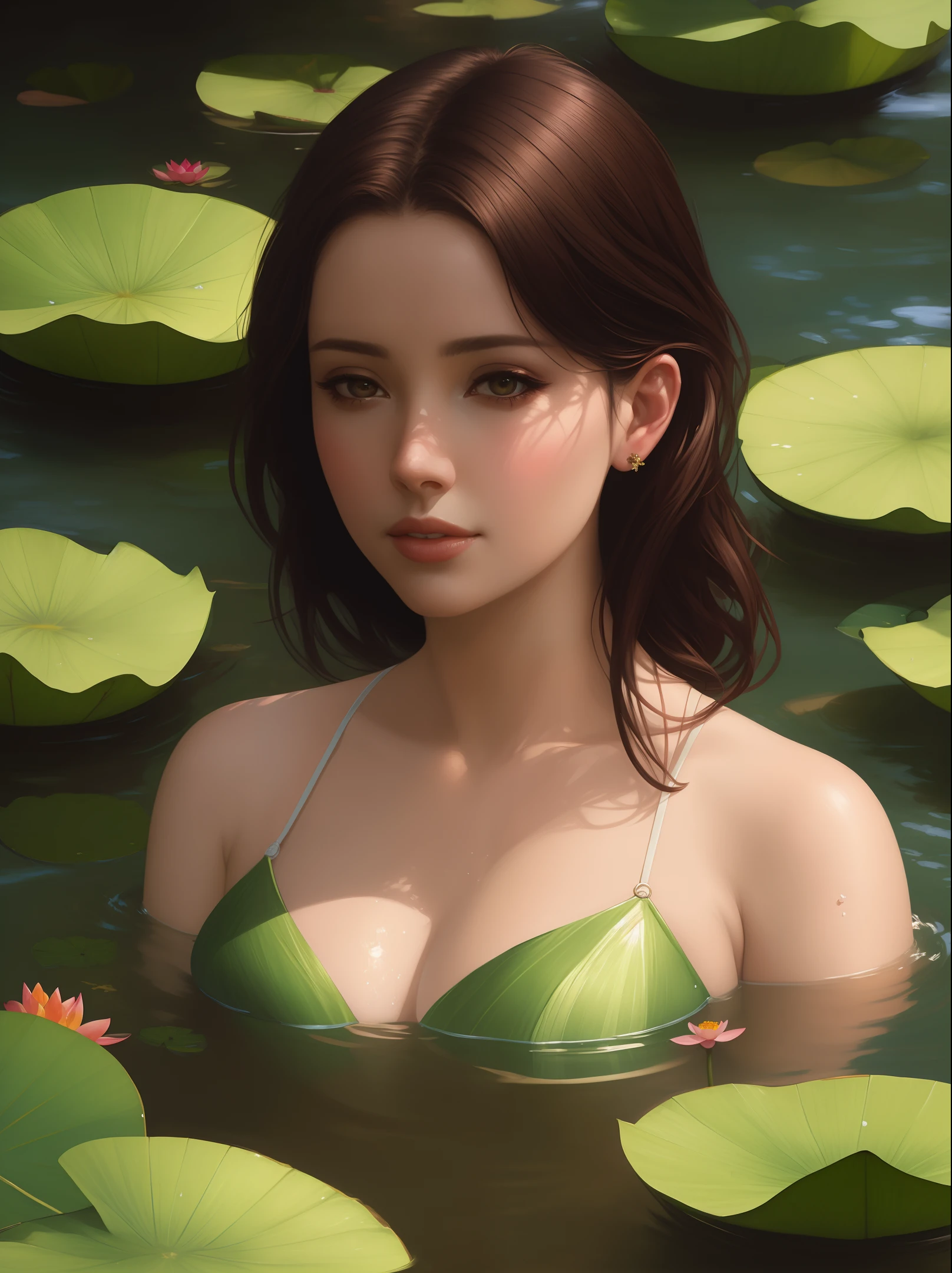 Close-up portrait of a lovely woman (Scarlett) bathing in the river, lotus leaves, (backlit), realistic, masterpiece, highest quality, lens flare, shadows, flowers, [[color difference]], by Jeremy Lipking, author Antonio J. Manzanedo, digital painting