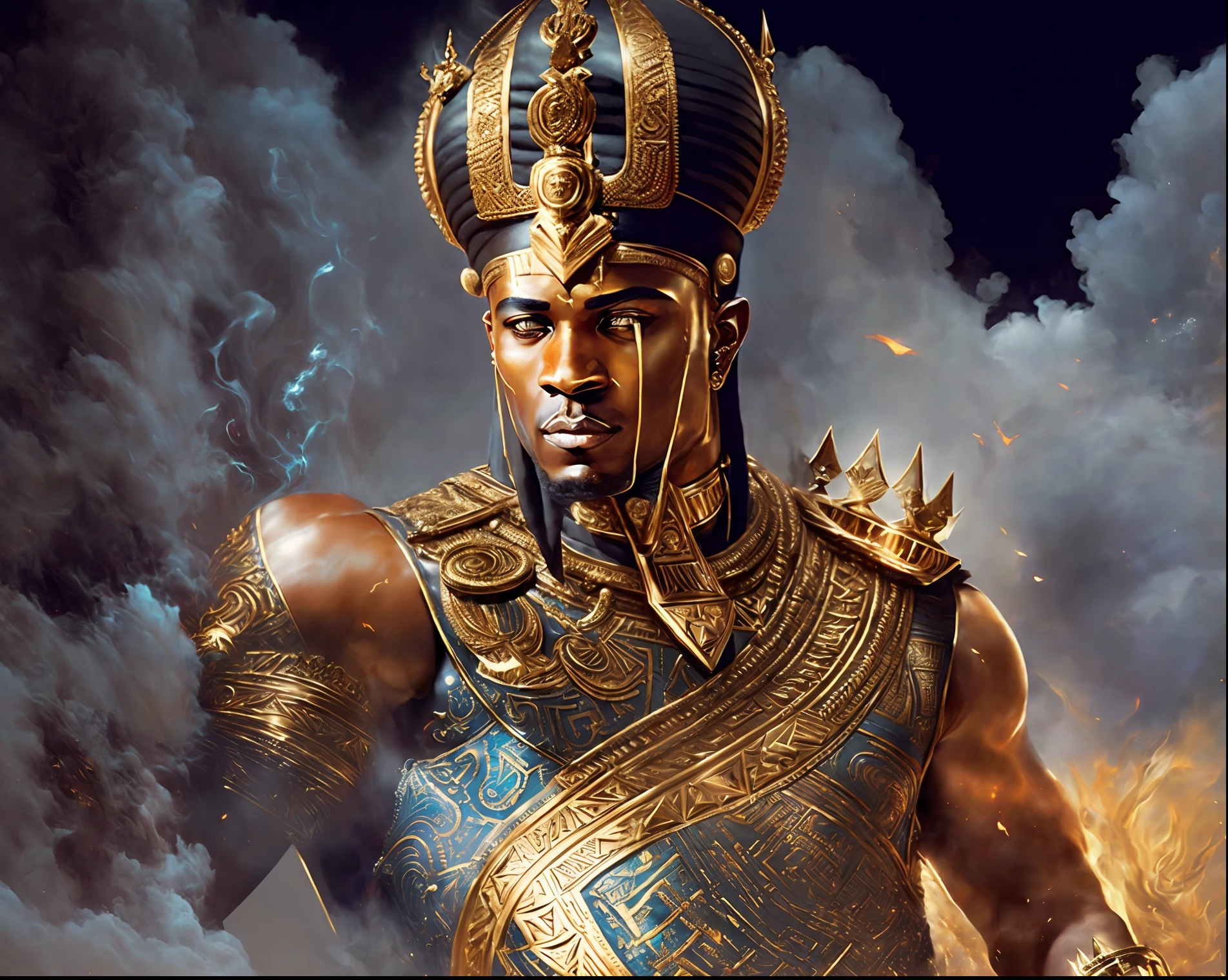 Highly (dynamic:1.2) scene art detailed (rutkowski:1.2) pharaoh ((crown of ramses)), handsome, (dark skin:1.5), ((bald head)) ((muscular)), (fantastic amazing decoration:1.2), abstract beauty, explosive volumetric, Delightful anatomy, (fantastic god perfect art, 64k ultra hd:1.1), (art by apterus, art by dan mumford:1.2)