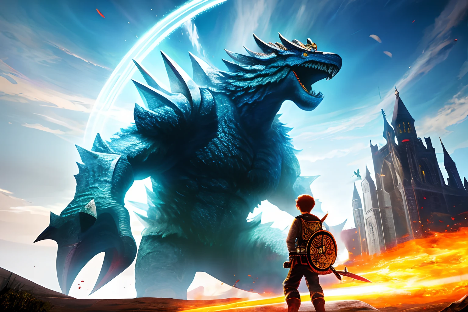 1  hero with a sword and shield in front of a huge magical monster, realistic, masterpiece, epic, fiery