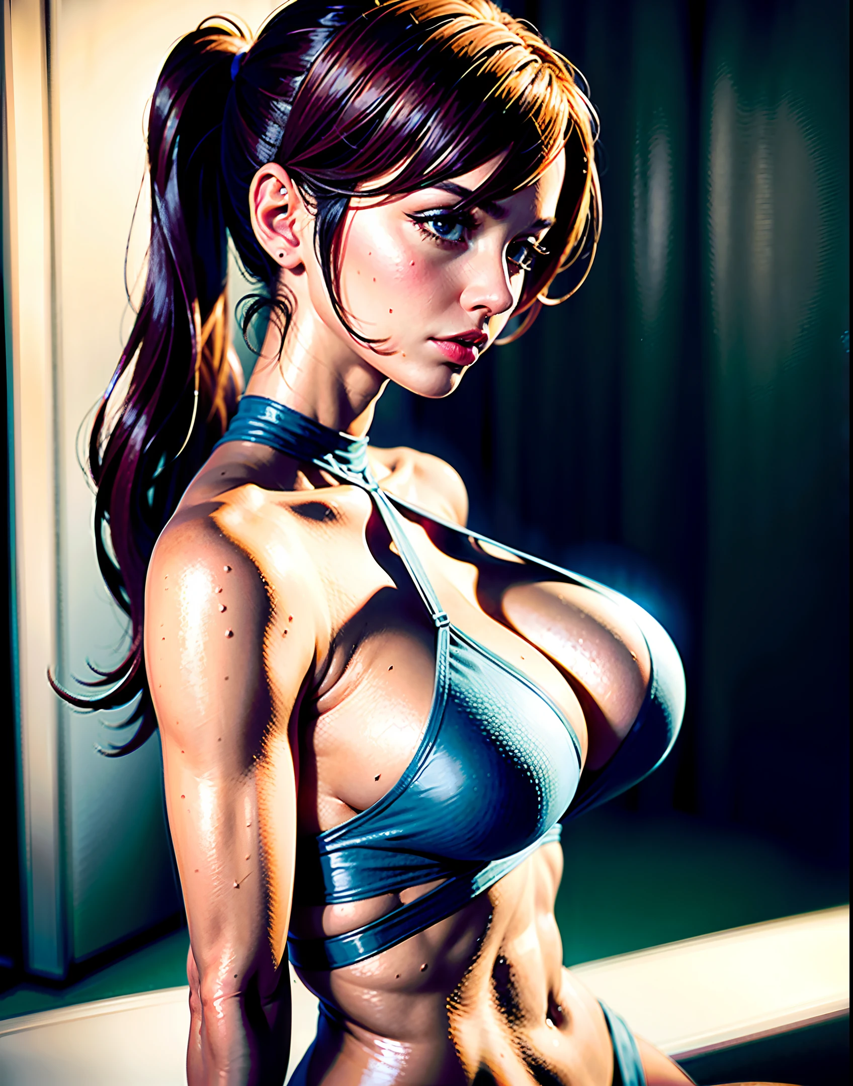 side angle photo of a gorgeous, 30 year old woman, milf, healthy skinny,short, clean skin texture, small, realistic skin texture, big lips, little noose, sexy (in white full body dress with cutouts and push up), (red hair with blue mops), blue hair mops, little boops, small boops, small tits,skinny, posing in the palace, smoky background, 1 / 2 body crop, 21 5 mm art lens, f 1. 1, sharp focus, 8 k high definition, insanely detailed, intricate, elegant, photorealistic, real life, big shoulder, little neck, long lash, full lips, big lower lip, pink lips, firm breast, firm pushup, push up, firm chest, posing on a yacht, sunny beach and sea in the background.