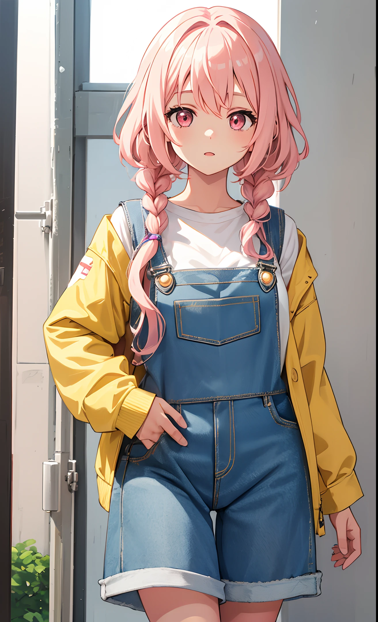 A girl, light pink hair, denim overalls, white t-shirt, light yellow jacket, medium length hair, slightly curly hair, one-sided twisted braid, high detail, official artwork, anime cute art style, 8k! animated illustration