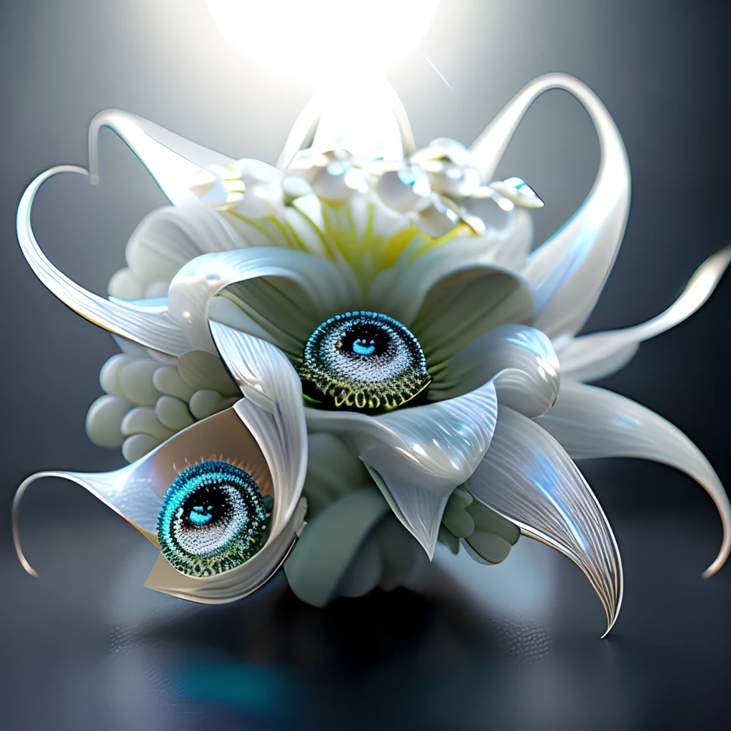 bouquet of lilies of the valley, super transparent, holy light, beautiful spectral light, petals glow, flashing, dark background, transparent light drops, reflective light, bright, light flows inward, optics, portrait profile, sharp focus, magical, intricate, ultra-realistic, fantasy, composition, light, trend on artstation, pearl, patronus cloud silver couple, caustic envelope varnishing ray family, 8k, ureal ar 23v4 uplightfabulous art levitating quartz ice crystal, diamond, misty, ((multiple eyes))), chromatic aberration, crazy details, intricate details, hyperdetail, fluffy, realistic, photo, canon, fabulous, art, colored leaves and branches with flowers at the top of his head. Greg Rutkowski's ultra-detailed photorealism