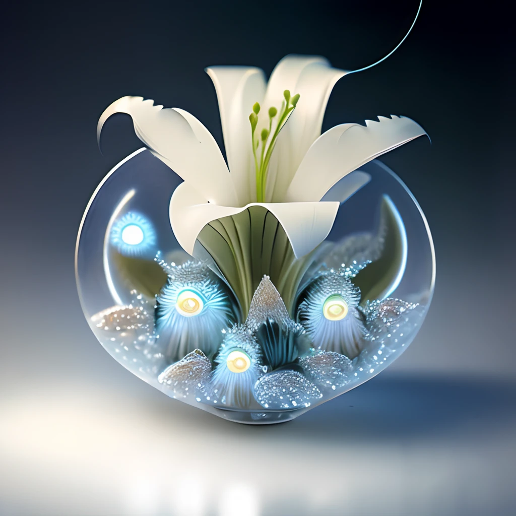 bouquet of lilies of the valley, super transparent, holy light, beautiful spectral light, petals glow, flashing, dark background, transparent light drops, reflective light, bright, light flows inward, optics, portrait profile, sharp focus, magical, intricate, ultra-realistic, fantasy, composition, light, trend on artstation, pearl, patronus cloud silver couple, caustic envelope varnishing ray family, 8k, ureal ar 23v4 uplightfabulous art levitating quartz ice crystal, diamond, misty, ((multiple eyes))), chromatic aberration, crazy details, intricate details, hyperdetail, fluffy, realistic, photo, canon, fabulous, art, colored leaves and branches with flowers at the top of his head. Greg Rutkowski's ultra-detailed photorealism