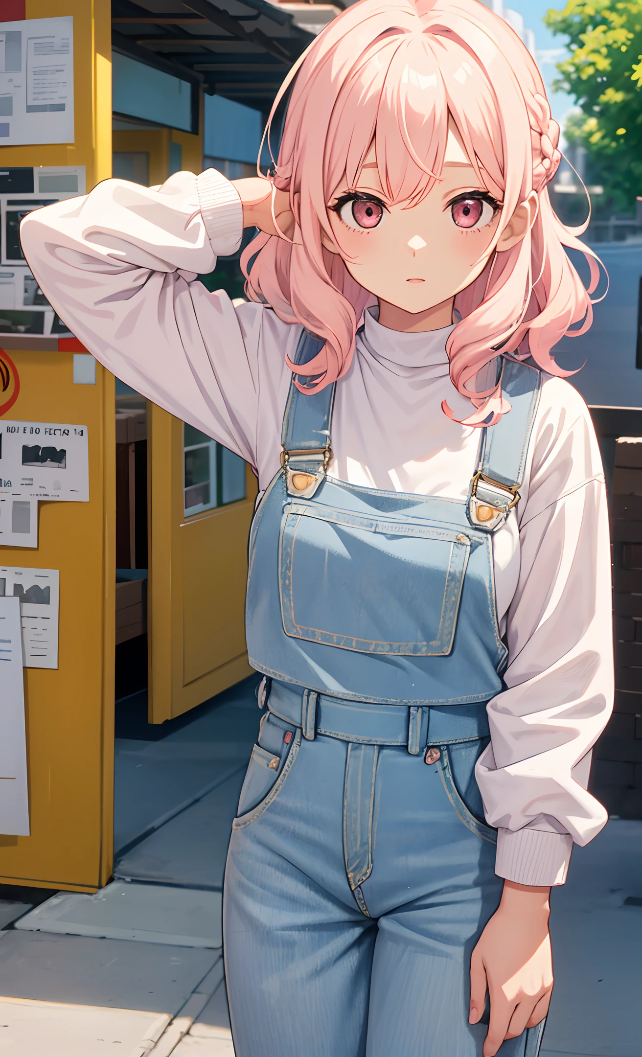 A girl, light pink hair, denim overalls, white t-shirt, light yellow jacket, medium length hair, slightly curly hair, single-sided twisted braid, high detail, official artwork, anime cute art style, 8k! animated illustration