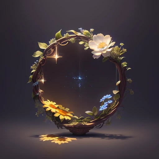 bouquet of daisies and forget-me-nots, super transparent, holy light, beautiful spectral light, petals glow, flashing, dark background, drops of transparent light, reflective light, bright, light flows inward, optics, portrait profile, sharp focus, magical, intricate, ultra-realistic, fantasy, composition, light, trend on artstation, pearl, patronus cloud silver couple, edible enveloping ray family, 8k, ureal ar 23v4 uplightmasterpiece, best quality (extremely detailed CG unity 8k wallpapers), (best quality), (best illustration), (best shadow), UI frame design (simple background: 1.5), (round shape), leaves, twigs, vines, flowers, particle effect, natural elements, jungle theme, octane rendering, ray tracing, overdetail