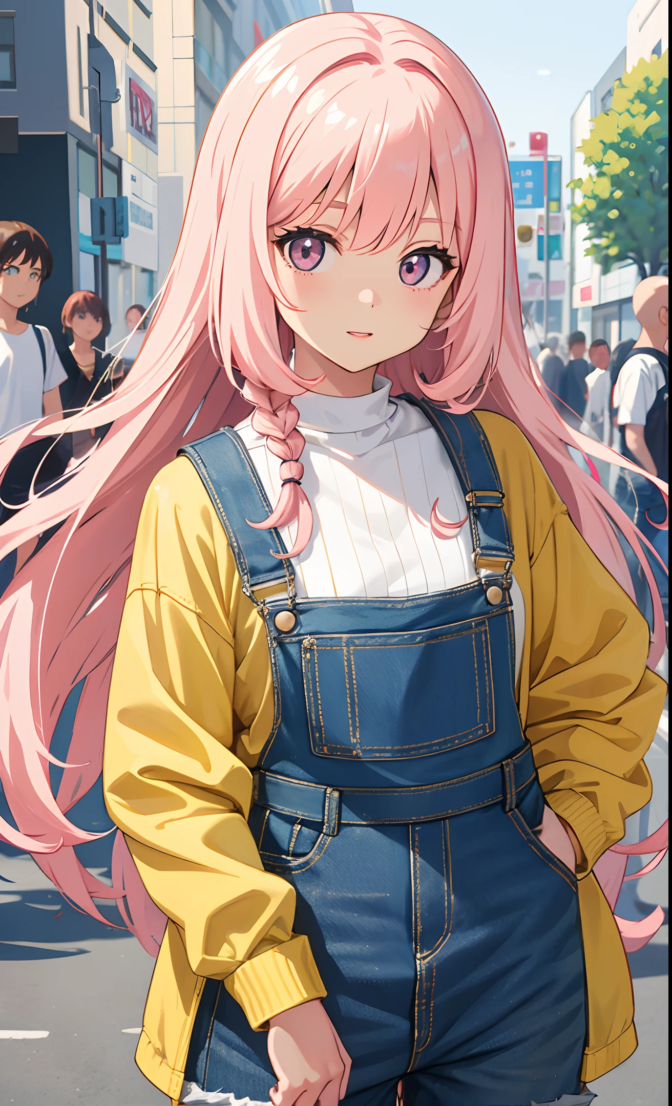 A girl, light pink hair, denim overalls, white t-shirt, light yellow jacket, long hair, single-sided twist weave, high detail, official artwork, anime cute art style, 8k! animated illustration