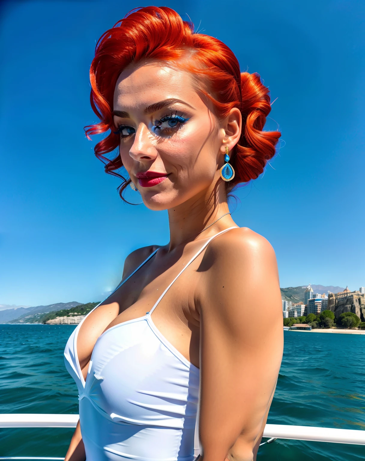 side angle photo of a gorgeous, 30 year old woman,  blue eyes, milf, healthy skinny,short, clean skin texture, small, realistic skin texture, big lips, little noose, sexy (in white full body dress with cutouts and push up), (red hair with blue mops), blue hair mops, little boops, small boops, small tits,skinny, posing in the palace, smoky background, 1 / 2 body crop, 21 5 mm art lens, f 1. 1, sharp focus, 8 k high definition, insanely detailed, photorealistic, big shoulder, little neck, long lash, full lips, big lower lip, pink lips, firm breast, firm pushup, push up, firm chest, posing on a yacht, sunny beach and sea in the background.